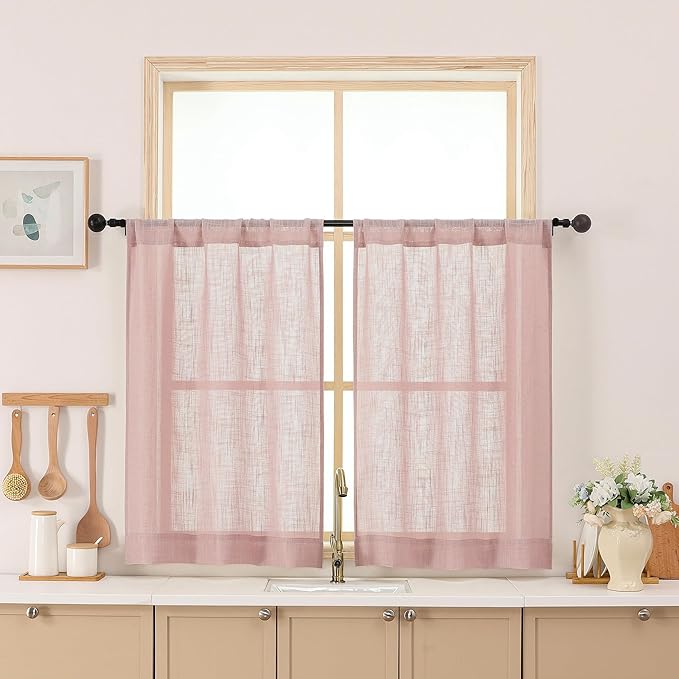Chyhomenyc Rose Pink Semi Sheer Curtains 36 Inch Length, Light Filtering Faux