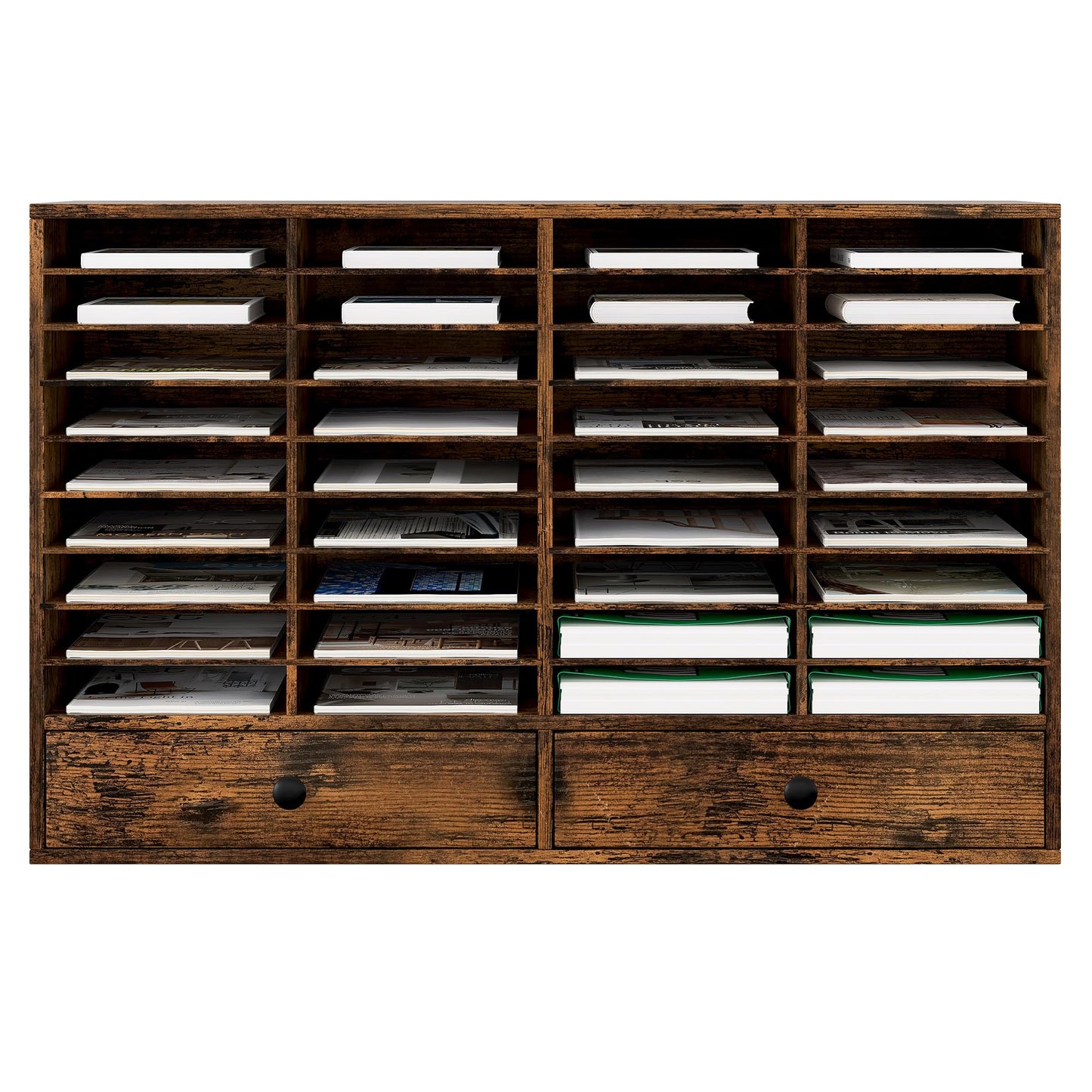 TQAVI Wood Classroom Mailbox 36 Compartments with 2 Drawer, Large Paper Organizer with Adjustable Shelves to Sorting Literature Bill, A4 Size File Organizer for Office School Home, Antique Brown