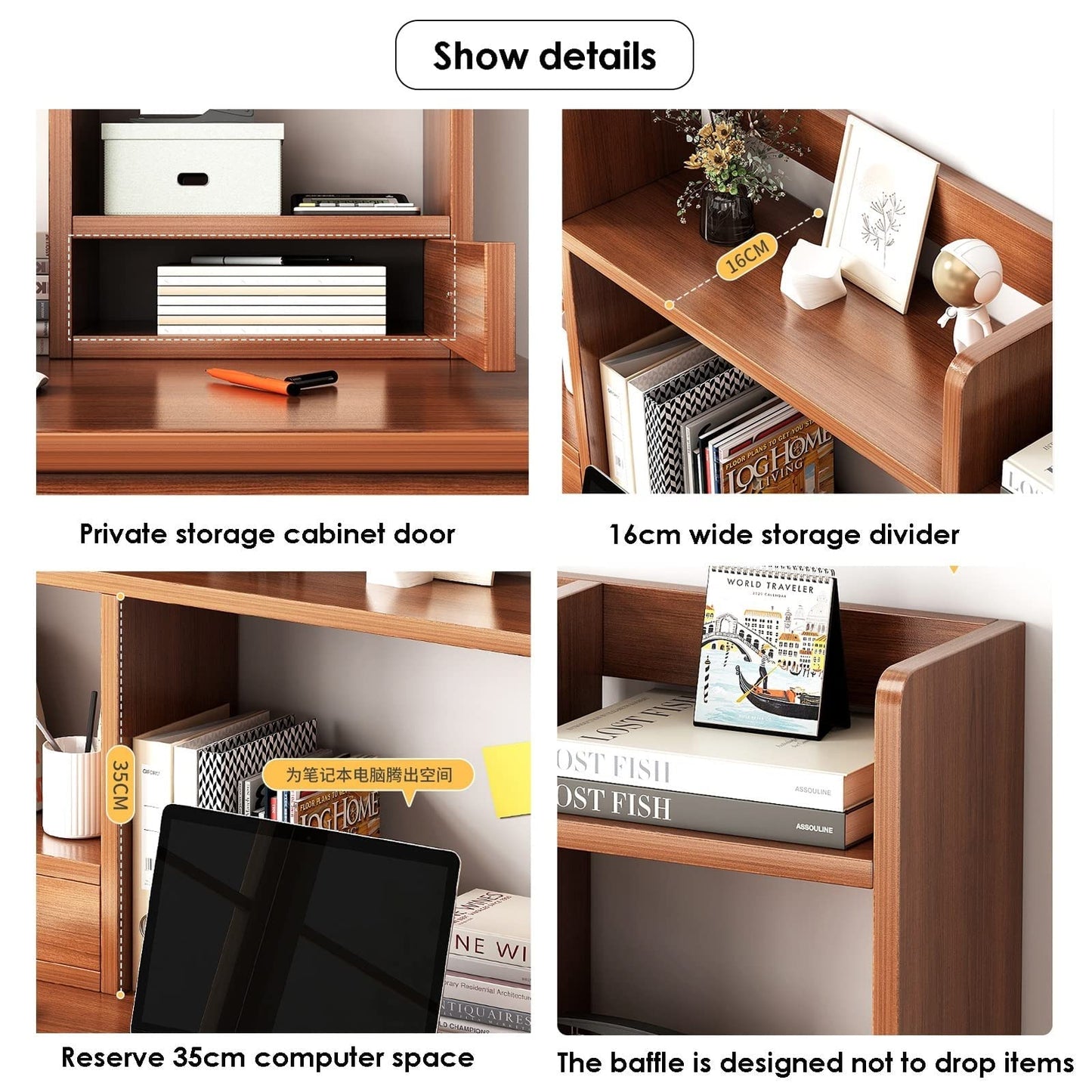 Wooden Desktop Bookshelf Desk Organizer with Drawers - 2 Layer Office Storage Shelves - Large Capacity Dressing Table Rack Organizer