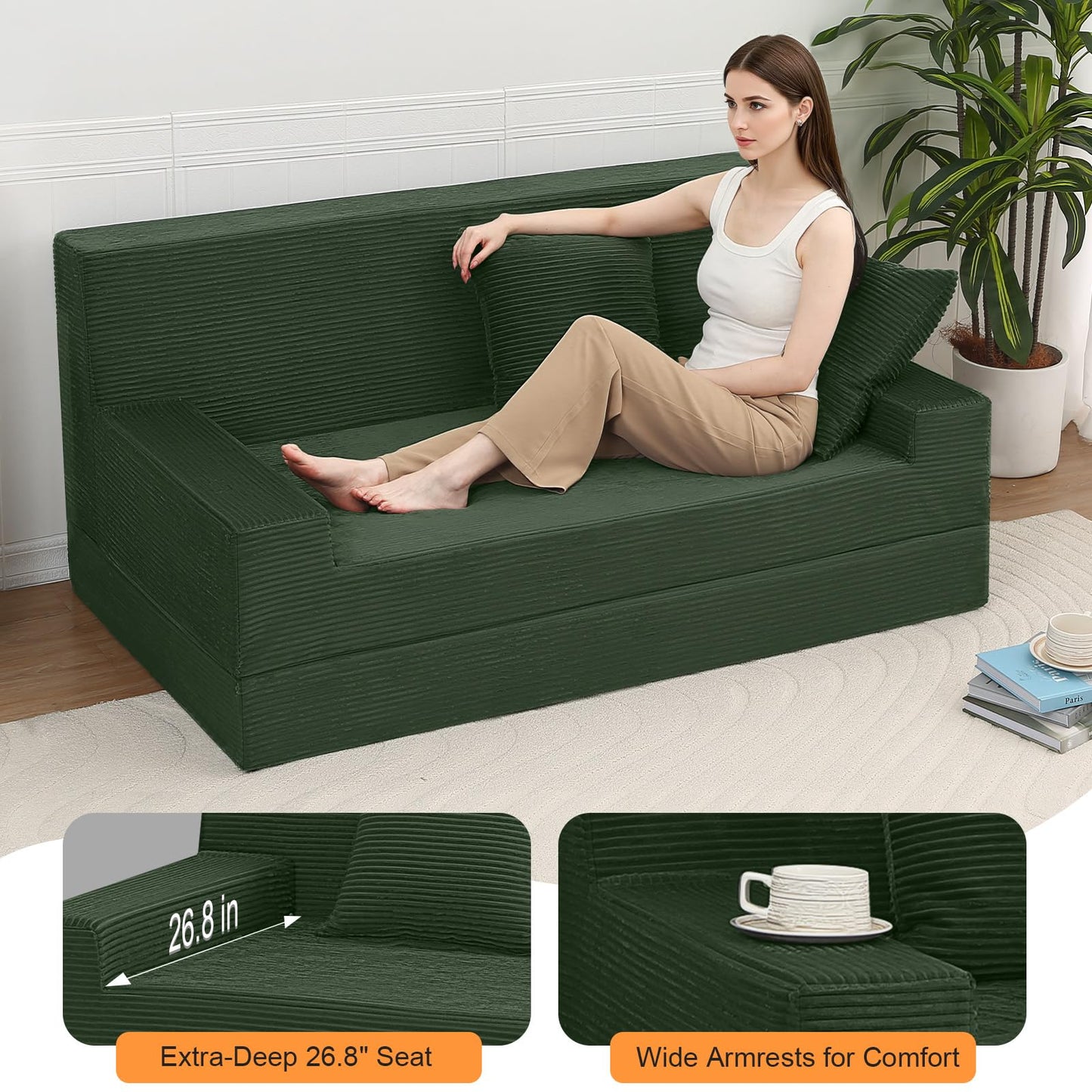 MeMoreCool Boneless Loveseat Sofa Bed – Dark Green Corduroy Convertible Futon Couch, Foldable Floor Sleeper with Foam & Pillow, Washable Cover for Bedroom, Apartment, Small Living Room