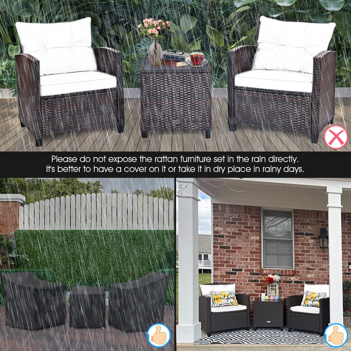 Tangkula 3 Pieces Patio Furniture Set, PE Rattan Wicker 3 Pcs Outdoor Sofa Set w/Washable Cushion and Tempered Glass Tabletop, Conversation Furniture for Garden Poolside Balcony (Beige)