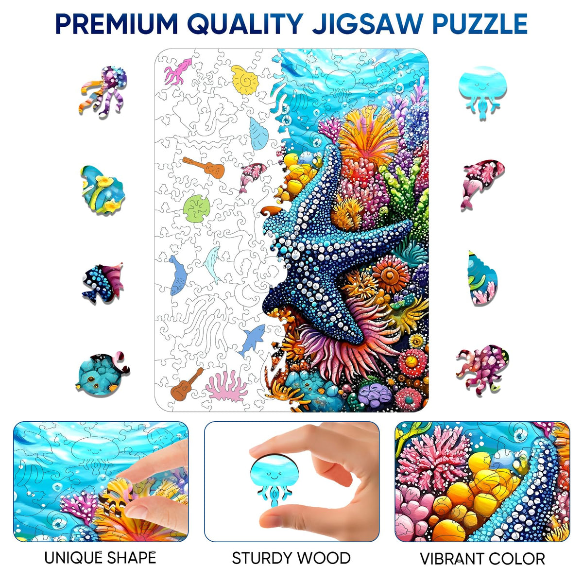 Mocfesk Wooden Puzzles for Adults, Starfish Wooden Puzzles 200 Pieces, Unique Shaped Underwater Ocean Jigsaw Puzzles for Adults and Kids, Birthday Gifts Fun Family Game 11.8 x 8.8 in
