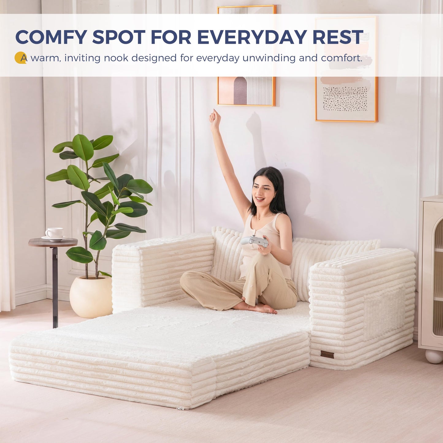 MAXYOYO Convertible Sofa Bed, 2 in 1 Folding Couch Bed for Small Space, Pull Out Loveseat Sofa Couch with Large Back Pillow, Plush Faux Fabric Lounge Couch for Living Room, Apartment, Beige