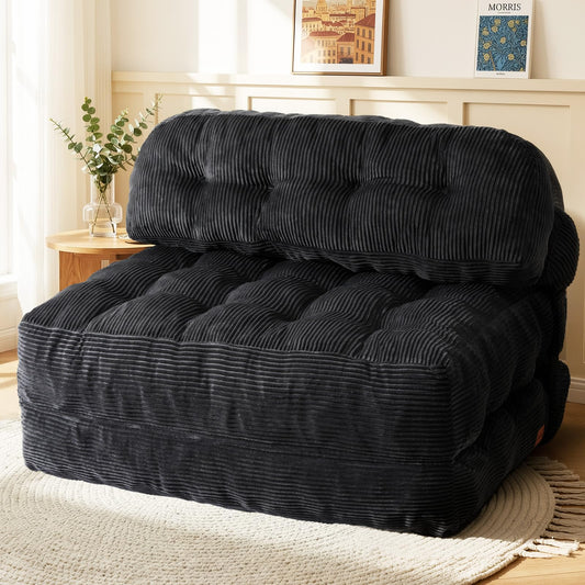 Vellorise Folding Sofa Bed, Convertible Sleeper Chair with Back Support and Pillow Futon, Boneless Matress, for Living Room/Guest Use/Home Office, Foldable Chair Bed for Adults, Black, Full