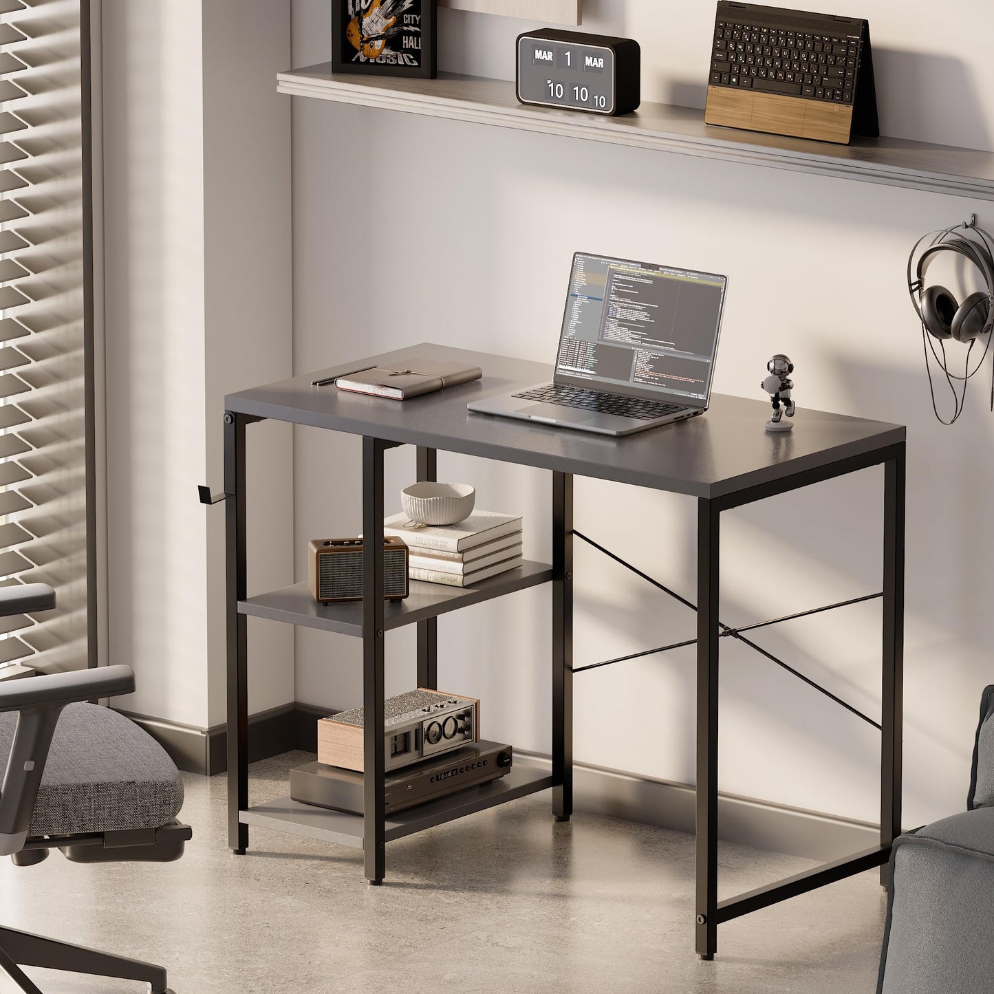 Pamray 32 Inch Small Computer Desk with Shelves, Home Office Desk with Headphone Hook for Bedroom, Study Writing PC Table for Small Spaces, Grey
