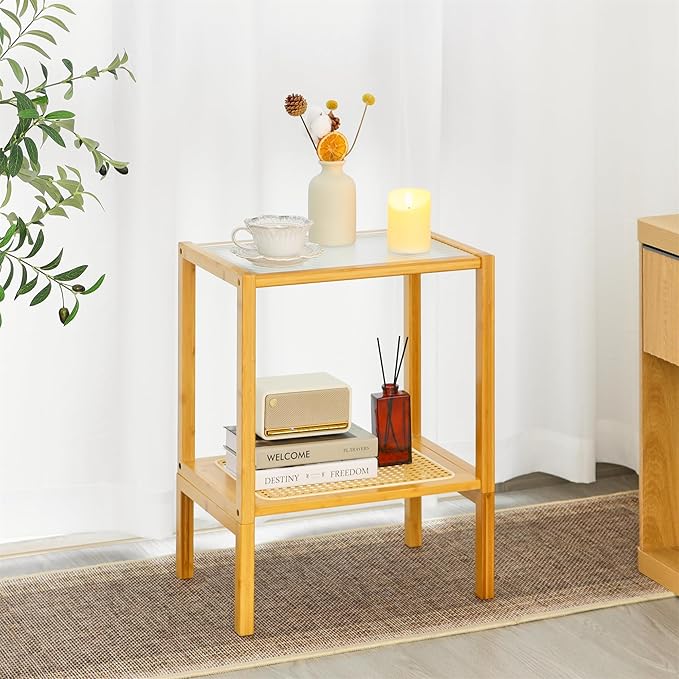 2-Tier Bamboo Side Table, Modern Glasstop Rattan Side Table, Mid Century Wood