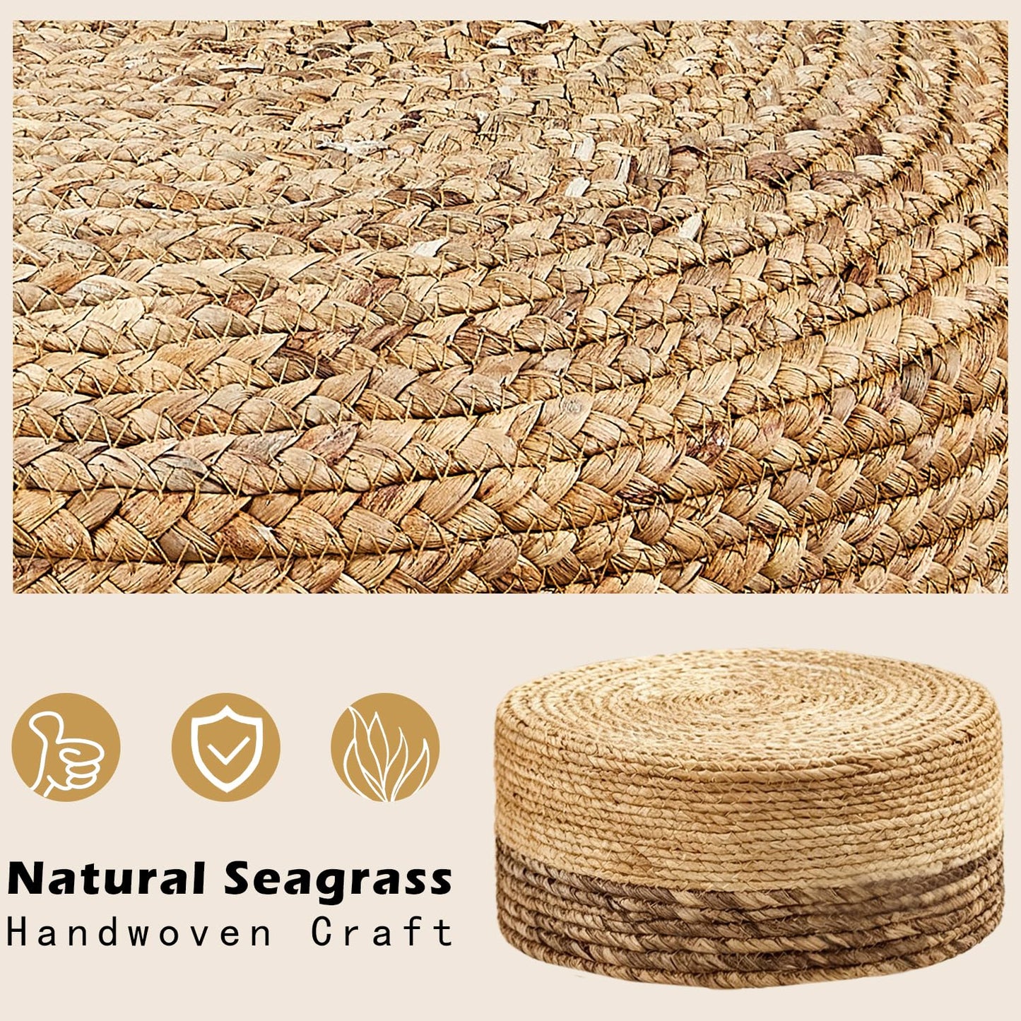 Wimarsbon Round Foot Stool Natural Seagrass Poufs Ottoman Hand Weave Footrest Stool for Couch Desk Extra Seat Step Stool with Solid Wood Legs for Hallway Patio Lounge Brown