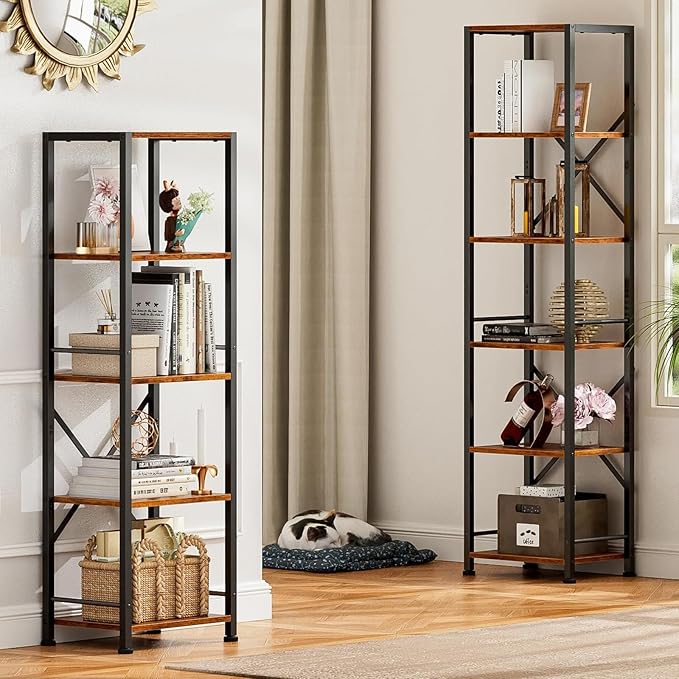 Furologee 5 Tier Tall Bookshelf, Rustic Narrow Bookcase, Display Standing Shelf