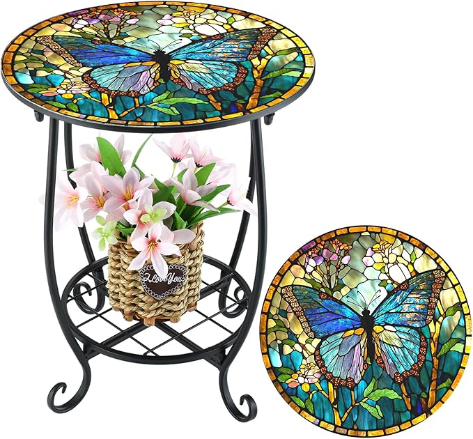 Cinnvoice Outdoor Side Table Round Small Mosaic Patio Accent Indoor End Plant