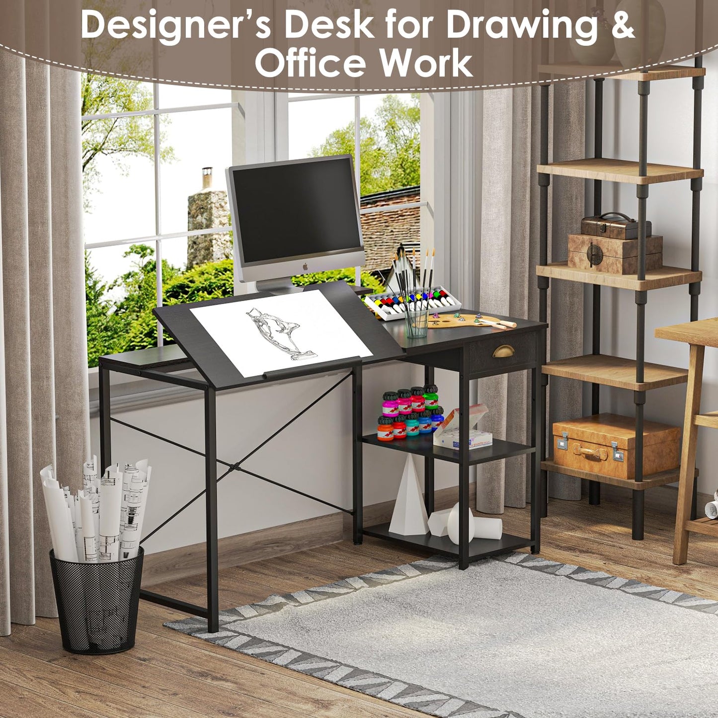 X-cosrack Drafting Table with Storage Shelves & Drawer, 43" Adjustable Art Desk with Monitor Stand for Home Office Computer, Tiltable Draft Drawing Table for Artist, Study, Writing Workstation, Black