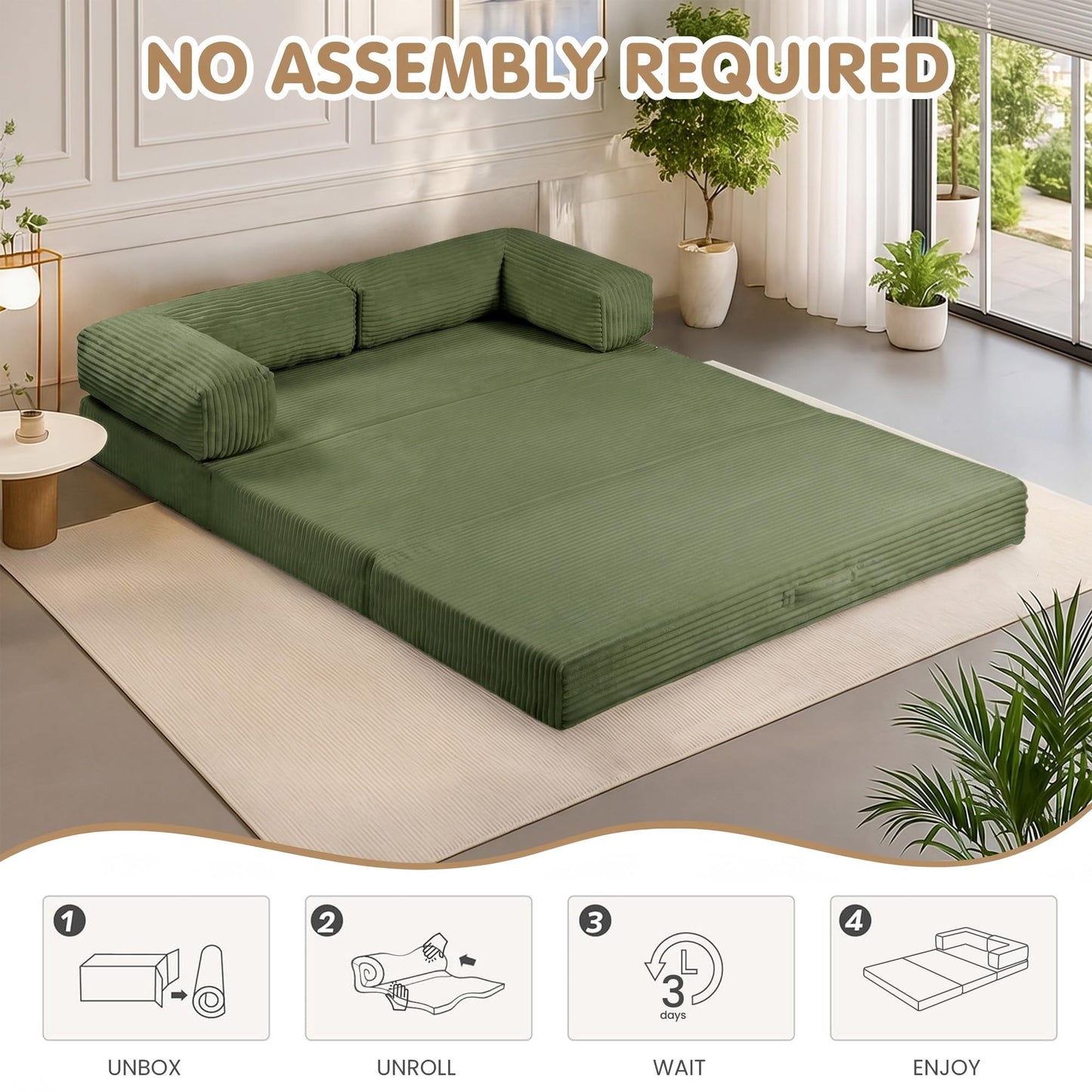 Convertible Sofa Bed,60" Boneless Couch,Tri Folding Floor Mattress with Removable L-Shaped Armrests & Handle,Corduroy Futon Couch Sleeper with Pull Out Bed for Living Room Bedroom Apartment