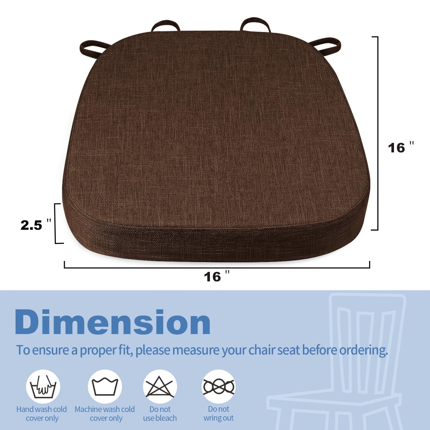 BUYUE Thickened 2.5" Friendly Woven Fabric Dining Chair Cushion, U-Shape High Density Foam Comfortable Chair Pad for Kitchen, Slip Resistant Indoor Seat Cushion (1 Piece, Chocolate)