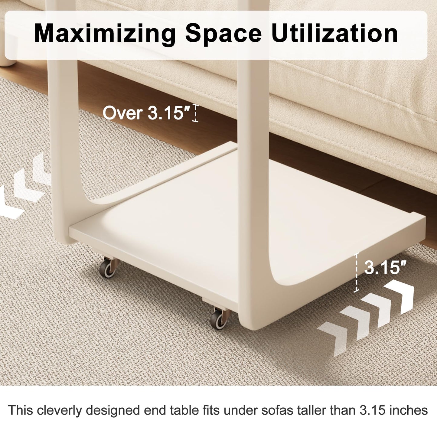 AQIMUELE Wooden C-Shaped End Table,Couch Table with Adjustable Desktop,Small Rolling Side Table with 2 Lockable Wheels 23.6" Width,Small End Table for Couch, Living Room,Bedroom (White)