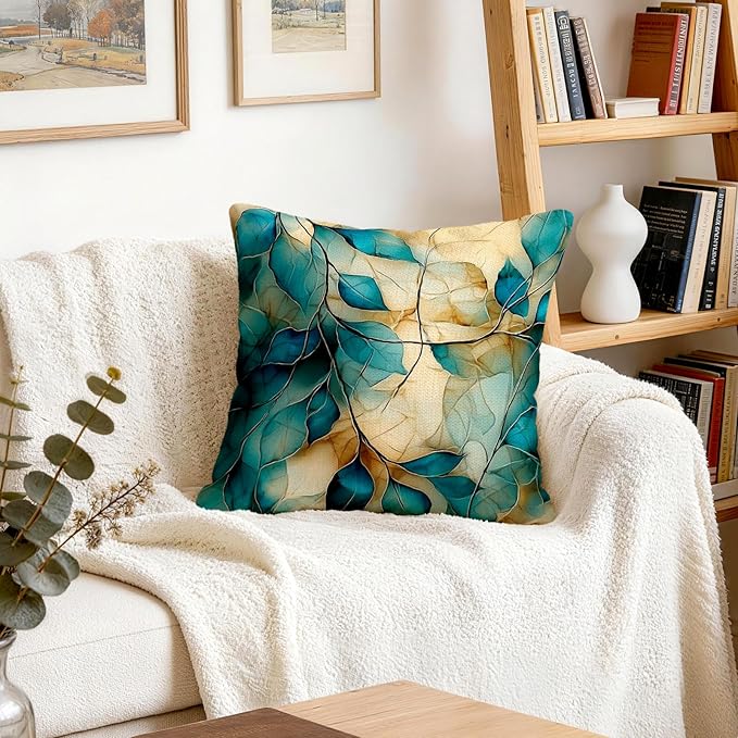 OBSEDE Teal and Gold Leaf Decorative Throw Pillow Covers 18x18 Set of 4
