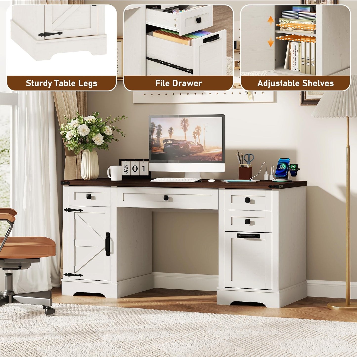 Squireewo 58'' Farmhouse Home Office Desk with Drawers, Wooden Executive Desk with Charging Station, File Drawers and Storage Cabinet, Computer Desk for Work, Study and Writing, Rustic White