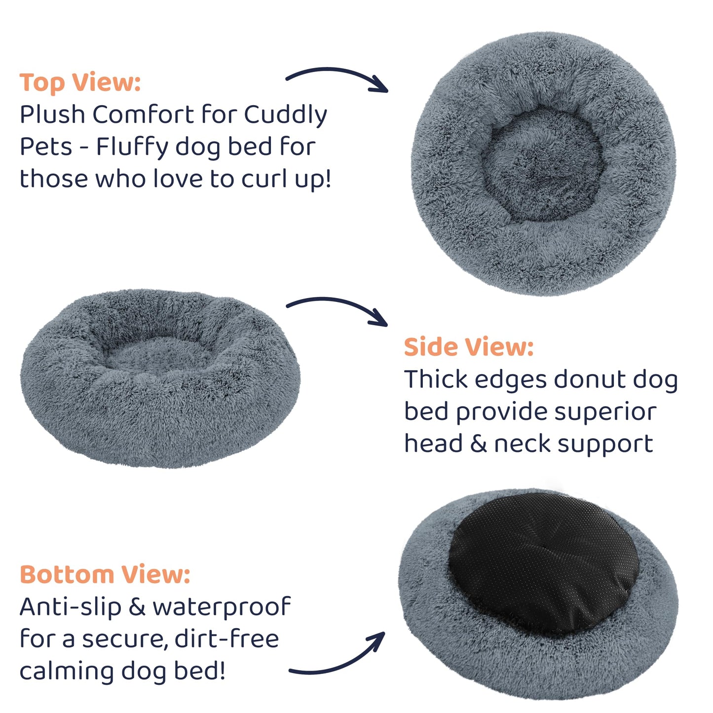 Donut Dog Bed - Premium Comfort for Anxiety Relief - Fluffy & Calming Design with Ultra-Plush Support | Cozy Round Dog Bed with Super Soft Circle Style (Dark Grey, Small)