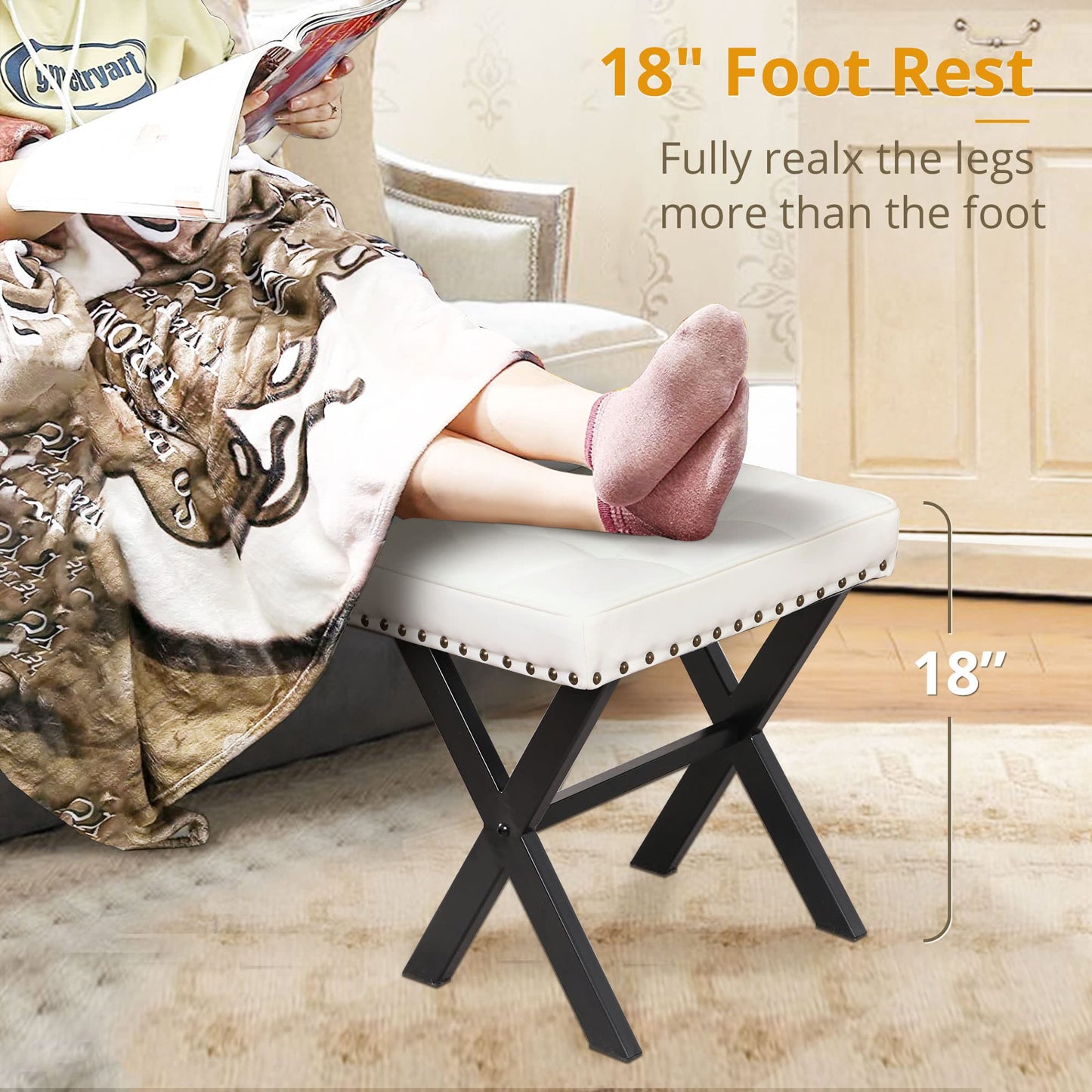 LUE BONA White Vanity Stool - Square Faux Leather Makeup Seat With Metal X Legs, Small Ottoman Chair for Makeup Room, Living Room, Bathroom - Padded Foot Rest