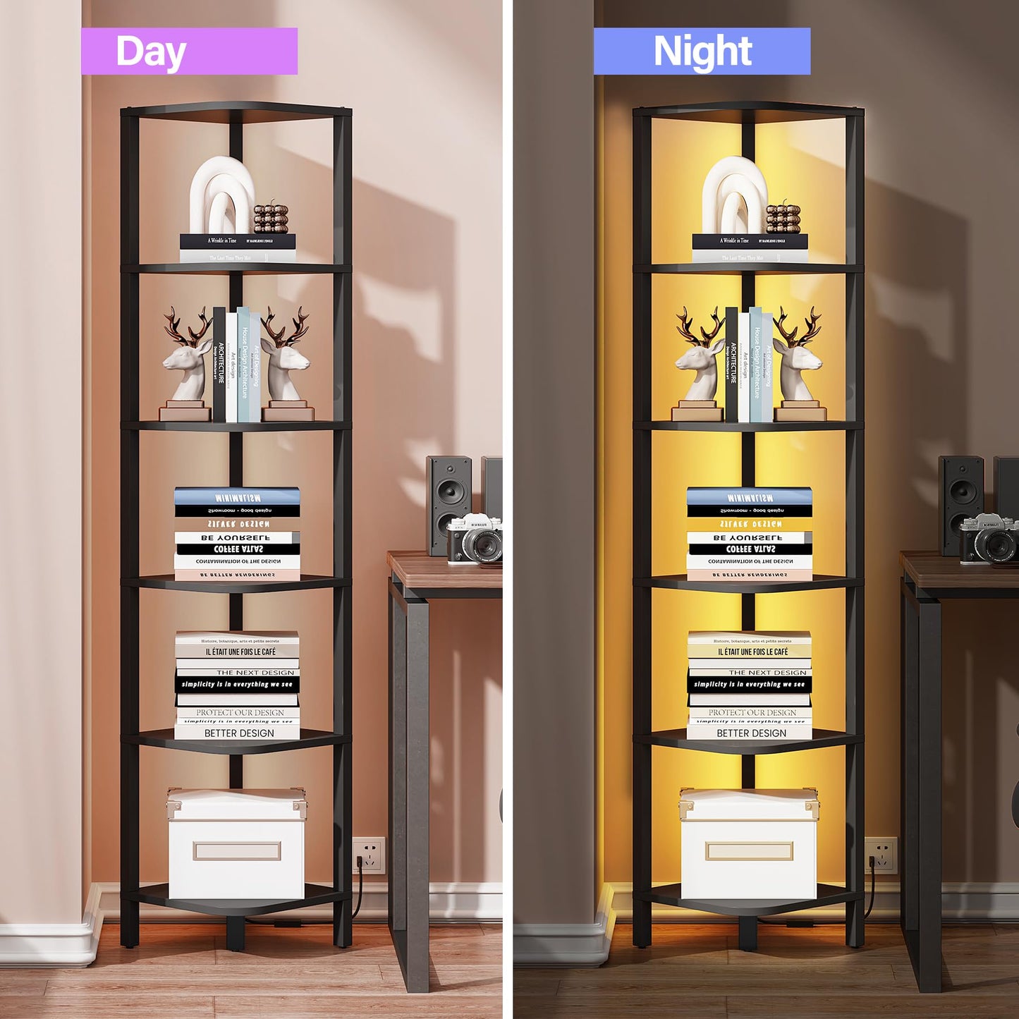 TUTOTAK Corner Shelf with LED Light, 6-Tier Corner Bookshelf for Small Space, Narrow Display Corner Shelf Stand with Storage Rack, for Living Room, Bedroom, Black BS08BK006L