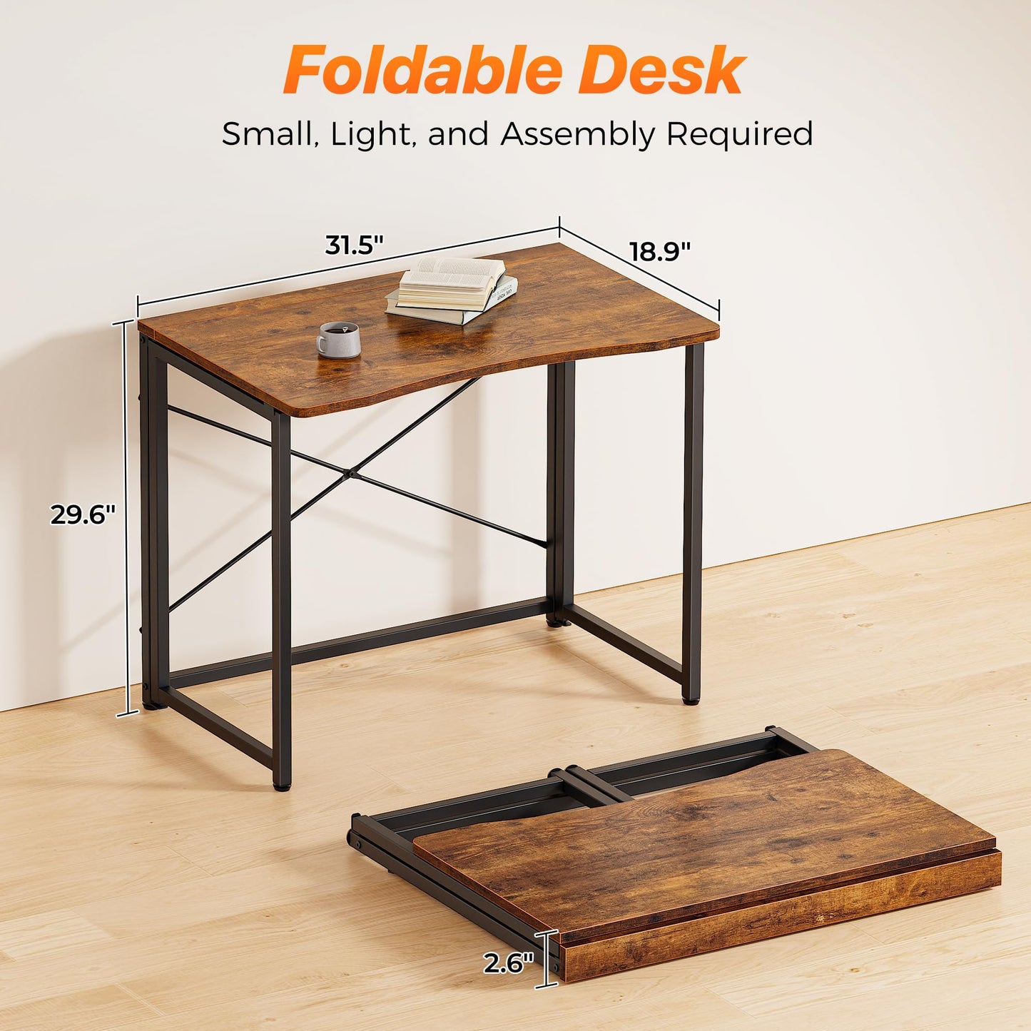 Huuger Folding Desk for Small Spaces, 31.5 Inch Foldable Computer Table, for Home Office, Study, Bedroom, Dorm, Space Saving, Small Writing Work Office Computer Desk, Easy to Fold, Rustic Brown