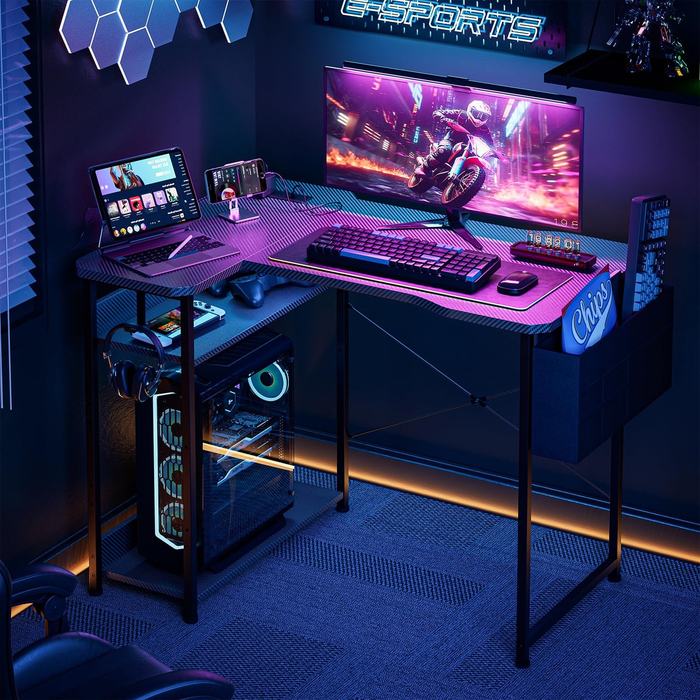 Acrolix L Shaped Gaming Desk 40 Inch - Computer Corner Desk with Power Outlets, Reversible Shelves & Storage Bag for Home Office, PC Gaming Table, Black Carbon