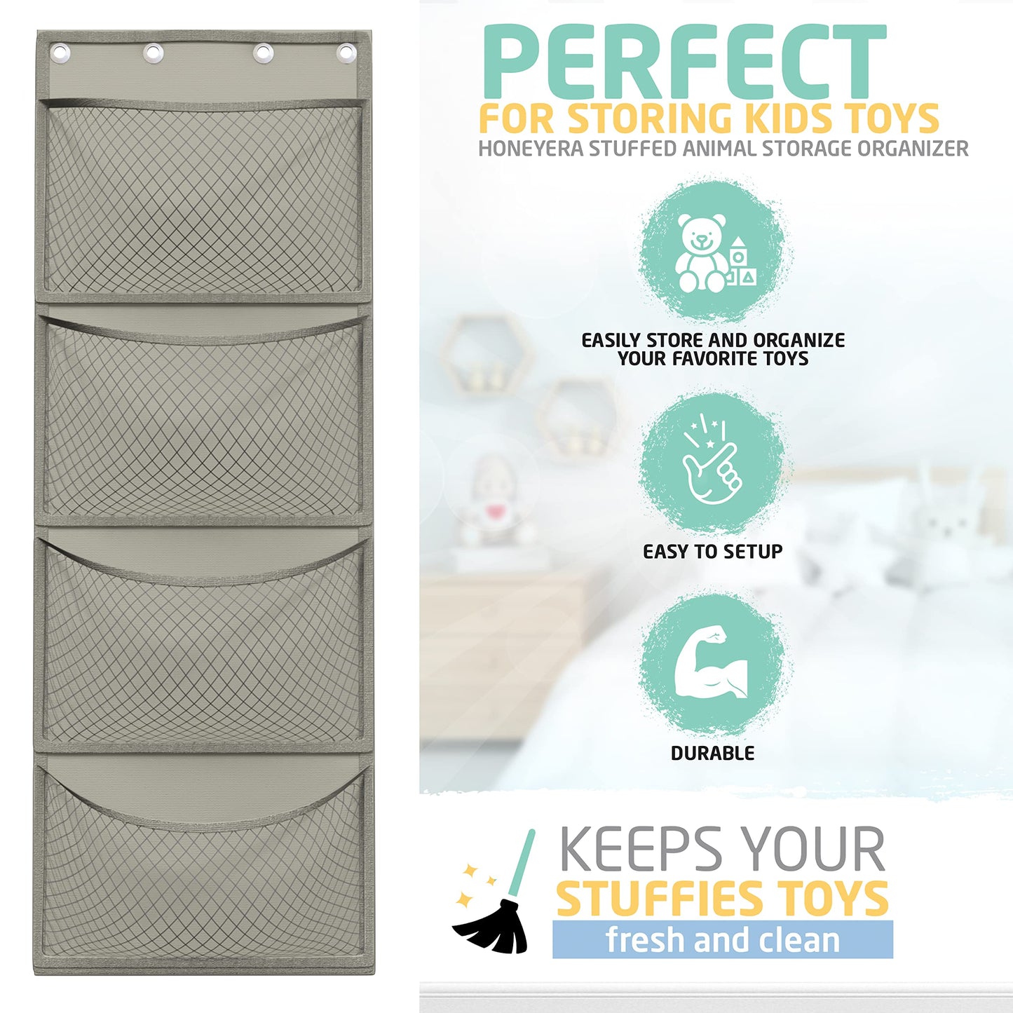 Honeyera Storage for Stuffed Animal - Over Door Organizer for Stuffies, Baby Accessories, and Toy Plush/Easy Installation with Breathable Hanging Pockets (Gray)