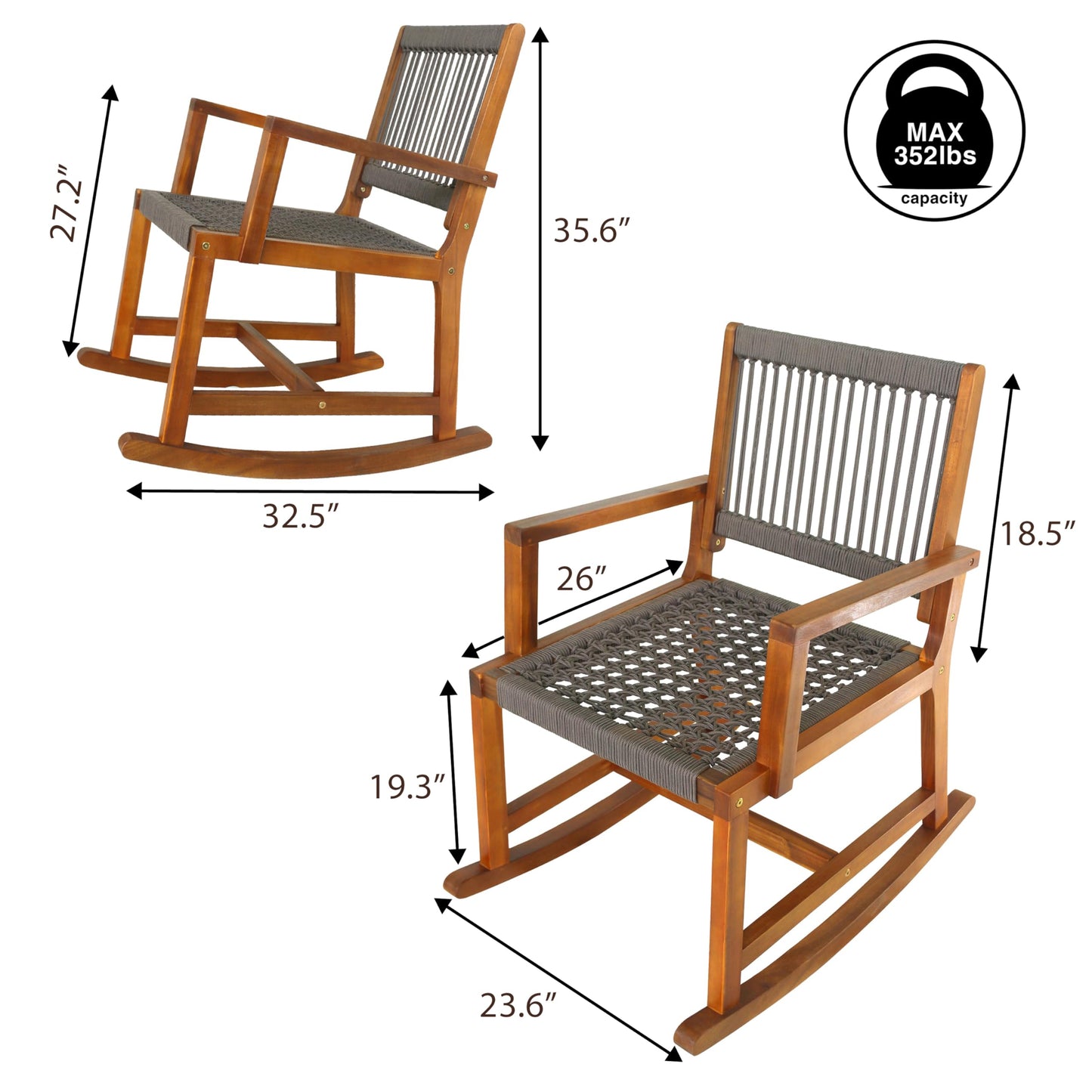 JONATHAN Y Laguna Solid Acacia Wood Outdoor Rocking Chair with Brown Woven Rope, Coastal Porch Rocker for Patio, Balcony and Living Room, 24" x 32" x 38", 352 lbs Capacity RCK103C