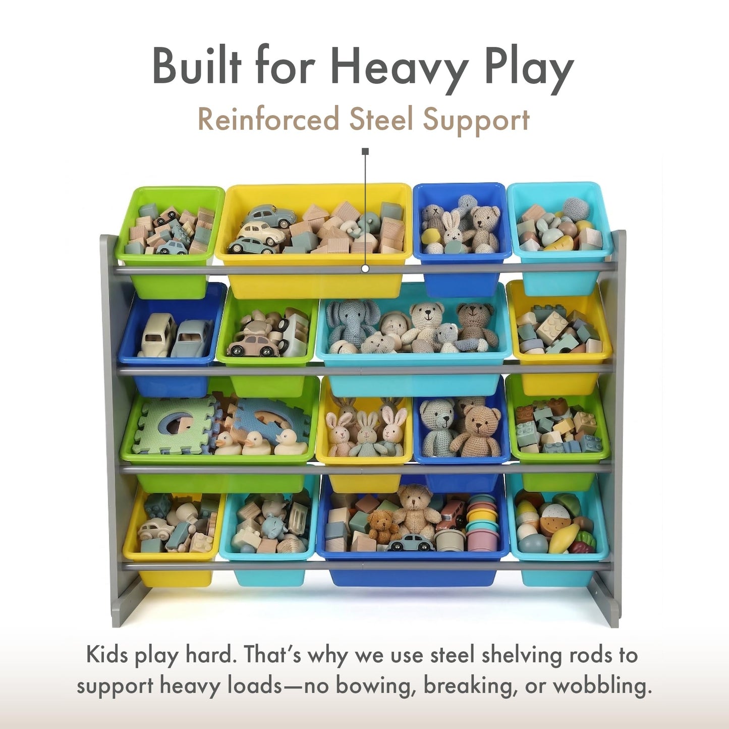 Humble Crew Toy Storage Organizer with 16 Removable Storage Bins for Kids Playroom, 4-Tier Toddler Toy Organization and Storage, Grey/Blue/Green/Yellow