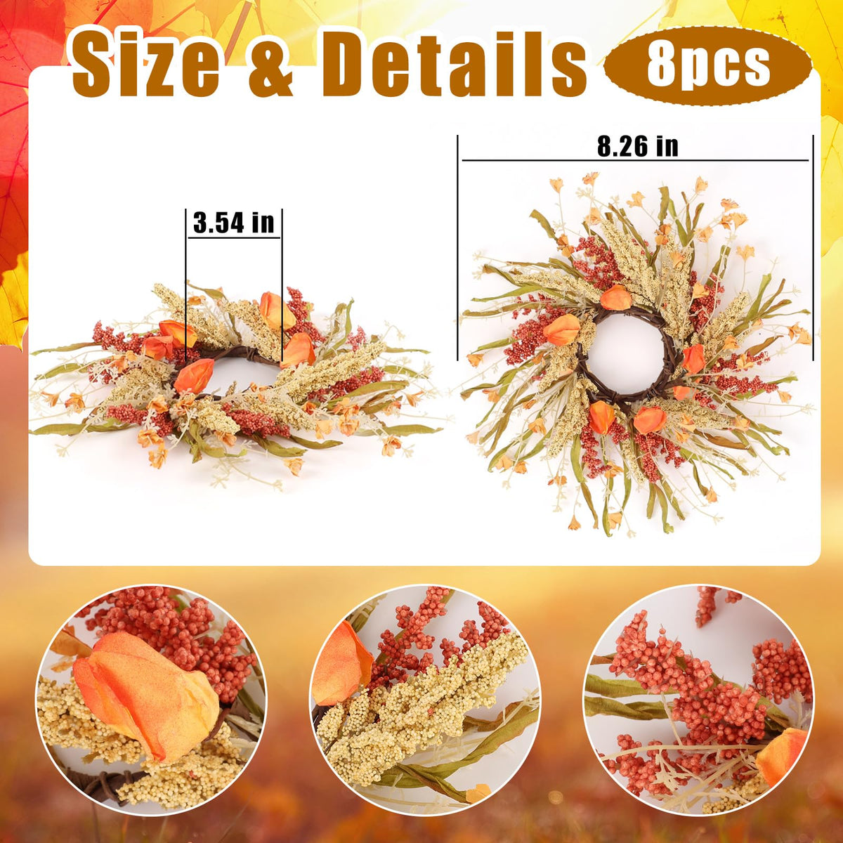 8 Pcs Fall Candle Rings 9 inch Thanksgiving Autumn Wreaths with Flowers for Tables Artificial Farmhouse Candle Rings Wreath for Front Door Porch Wall Window Decorations
