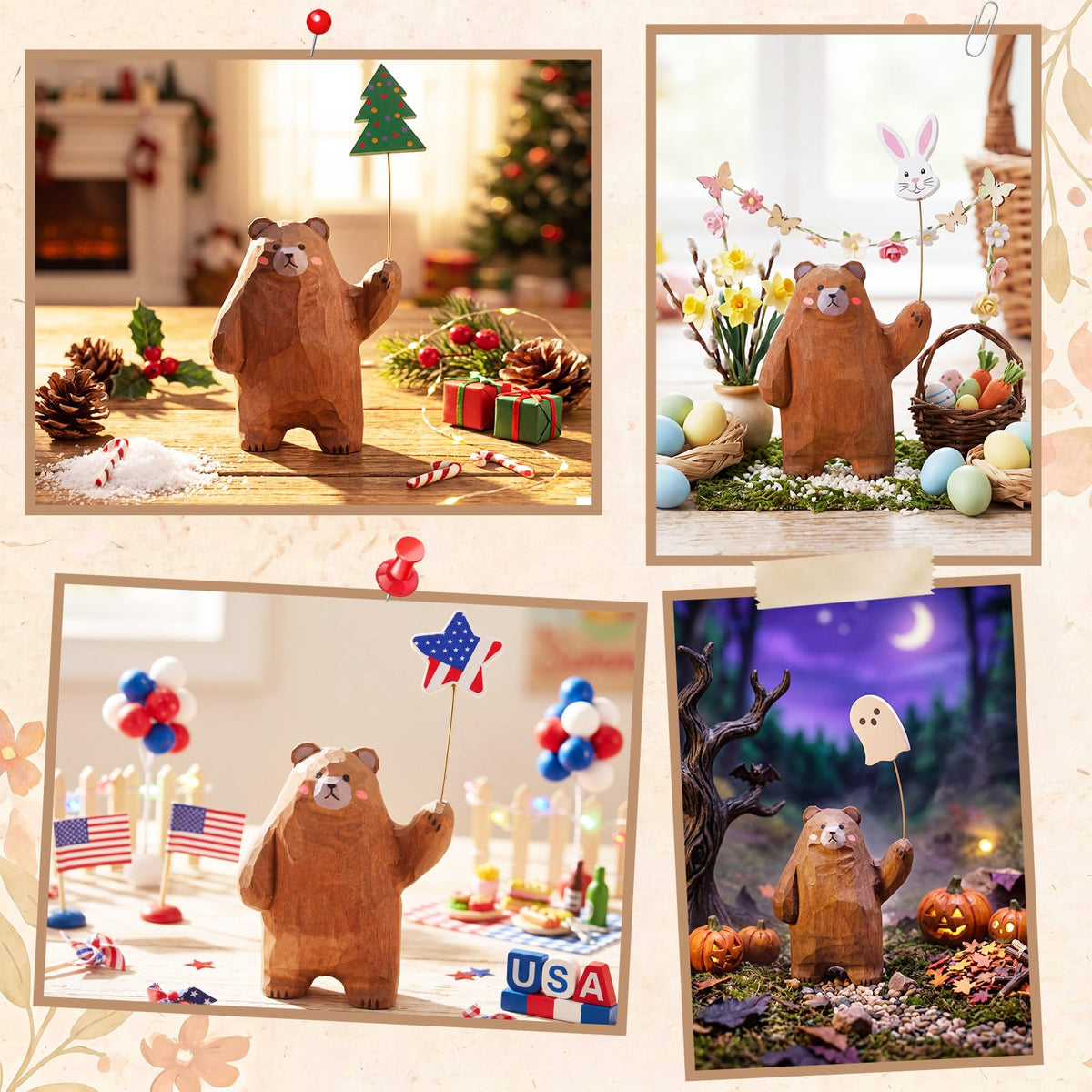 Novabright 13 Pcs Interchangeable Seasonal Tabletop Sign 4th of July Wooden Brown Bear Decor Mini Standing Signs Farmhouse Convertible Holiday Wood Welcome Sign for Summer Independence Day Table Decor