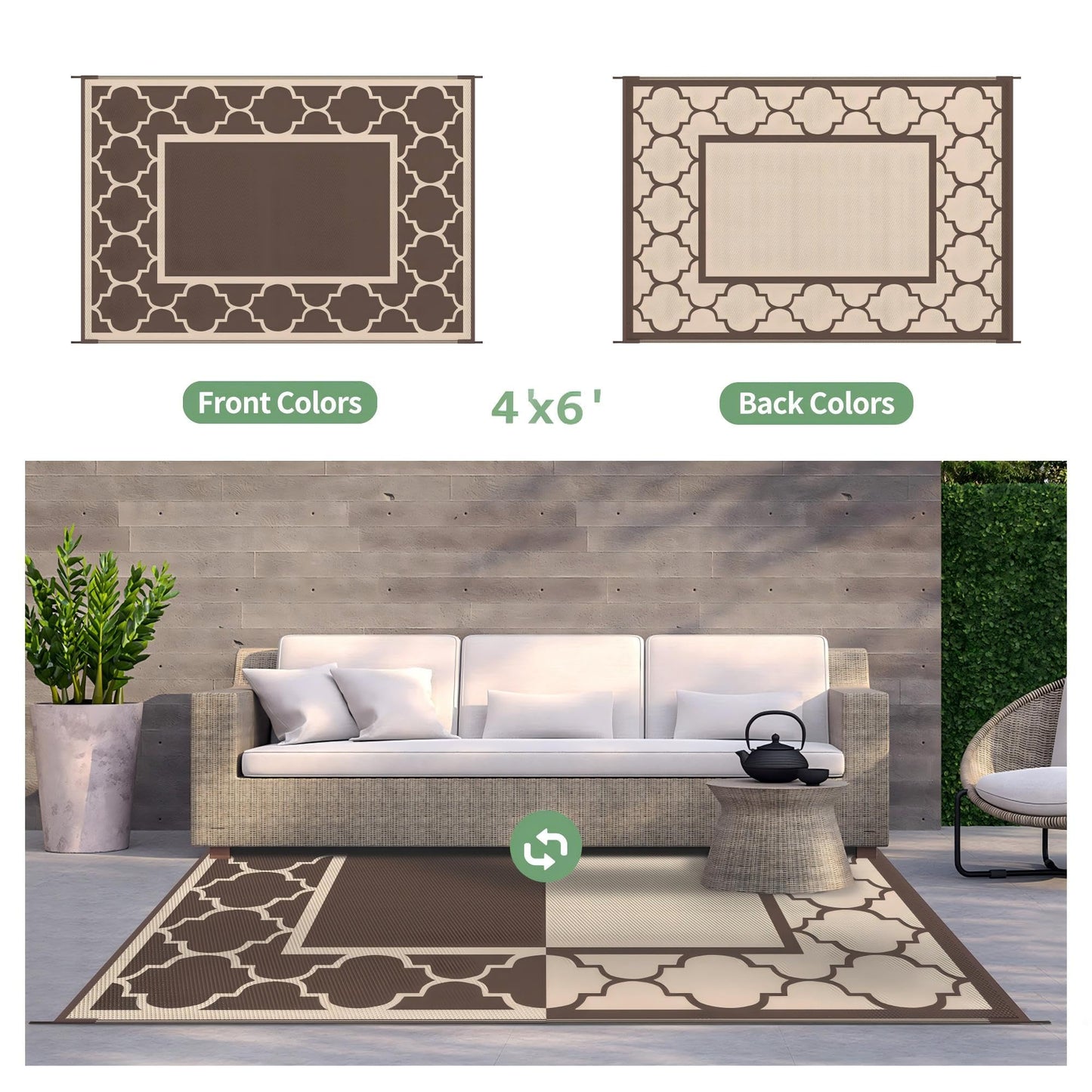 GENIMO 4 ' x 6 ' Outdoor Rug for Patio Clearance, Waterproof Indoor Outdoor Plastic Straw Rugs Carpet, Reversible Outside Area Rv Mat for Camping, Balcony Porch, Deck, Picnic, Beach (Coffee & Beige)
