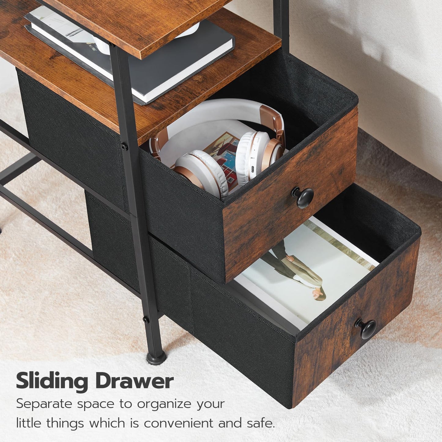 HOOBRO End Table with Charging Station, Narrow Side Table, Nightstand with 2 Non-Woven Drawers, Slim Sofa Side Table, for Small Spaces, Living Room, Bedroom, Rustic Brown and Black BF486UBZ01