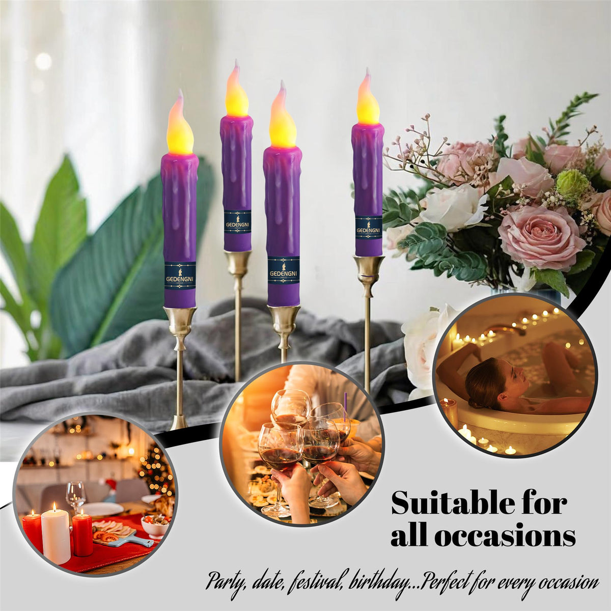 Gedengni Flameless LED Taper Candles with Remote - 6" Battery Operated Taper Candlesticks, Flickering Dripless Window Candles for Mother’Day Wedding Centerpiece Home Decor & Party,4 Pack