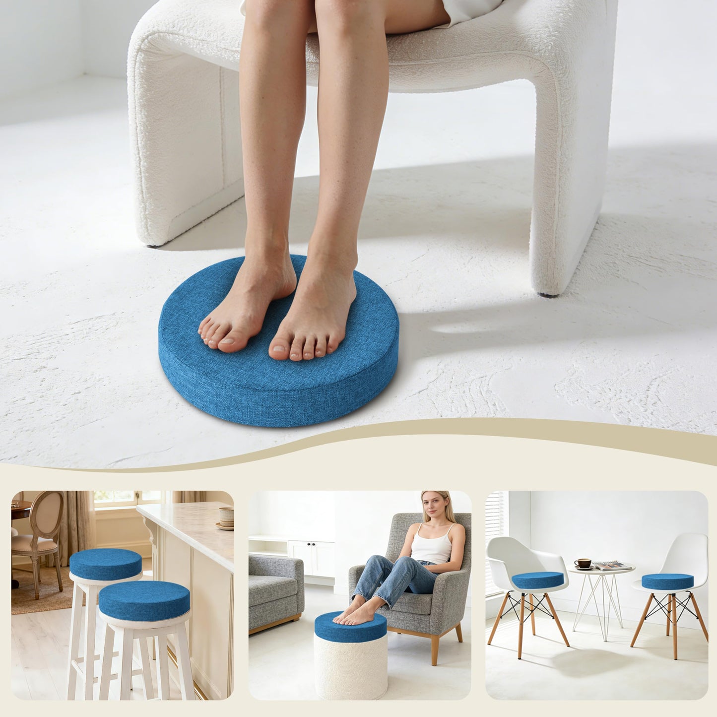 AddGrace 2.5" Thick Non Slip Round Chair Pad Set of 2, 16" Round Chair Cushion with Machine-Washable Cover and Long Zipper, Seat Cushions for Kitchen, Office, Floor and 16" Ottoman, Blue