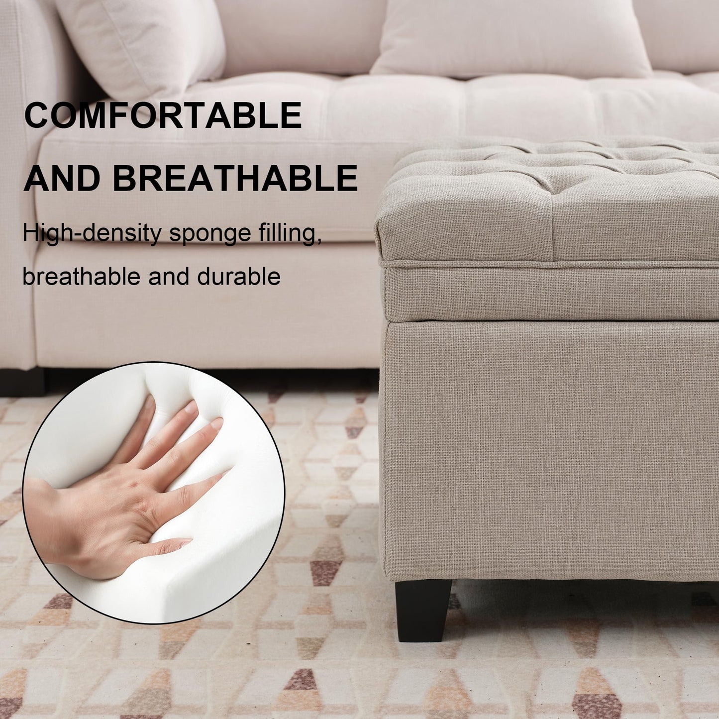 UDAX 51" Storage Ottoman for Bedroom & Living Room, End of Bed Bench with Black Wooden Legs, Linen Upholstered Tufted Ottoman, Entryway Storage Bench, Beige