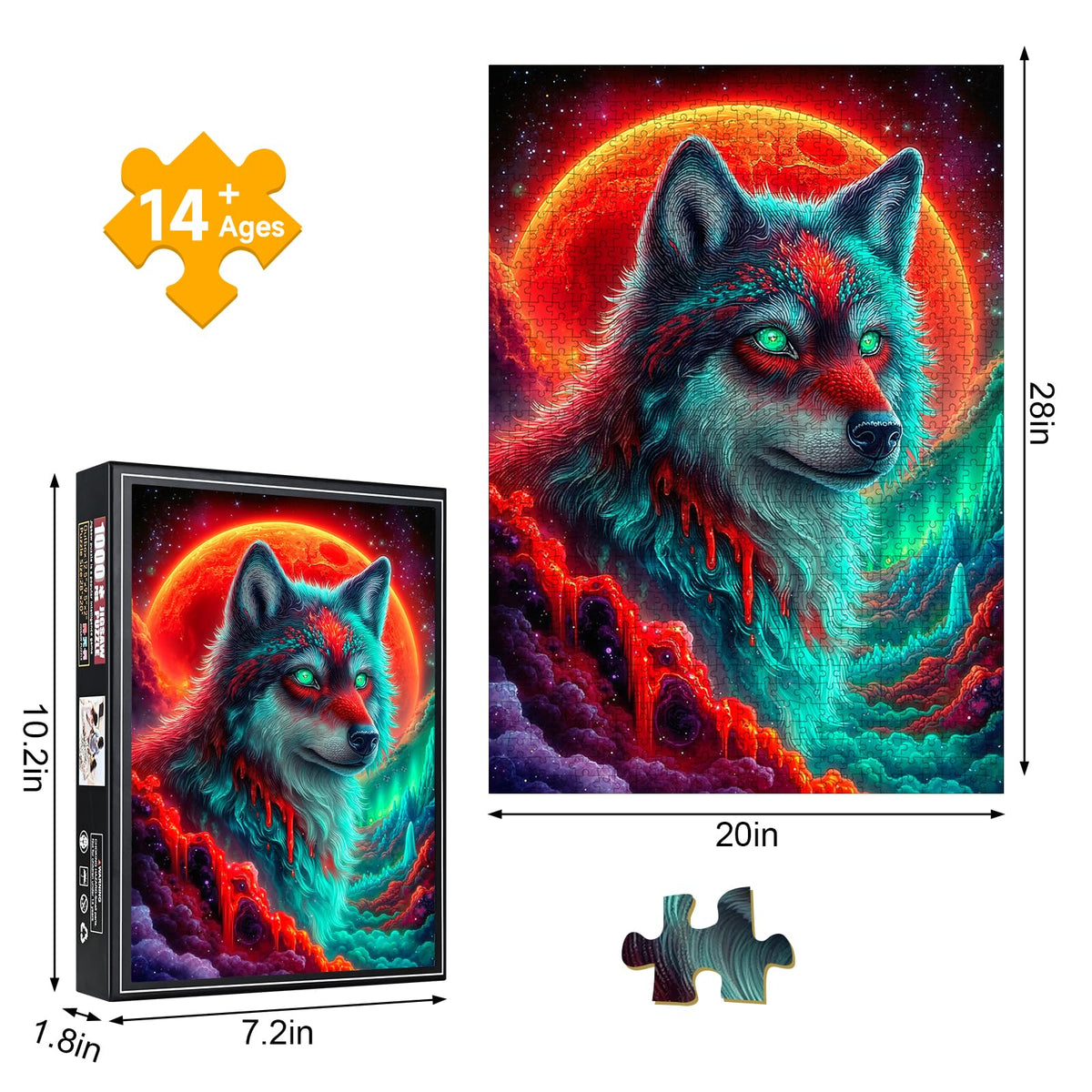 1000 Piece Jigsaw Puzzle, Psychedelic Neon Wolf with Green Eyes