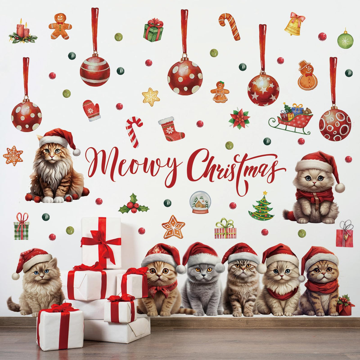 Christmas Cat Wall Decal Merry Christmas Wall Sticker Removable Christmas Cat Wall Decals Decor for Winter Christmas Holiday Party Supplies Home Window Decor