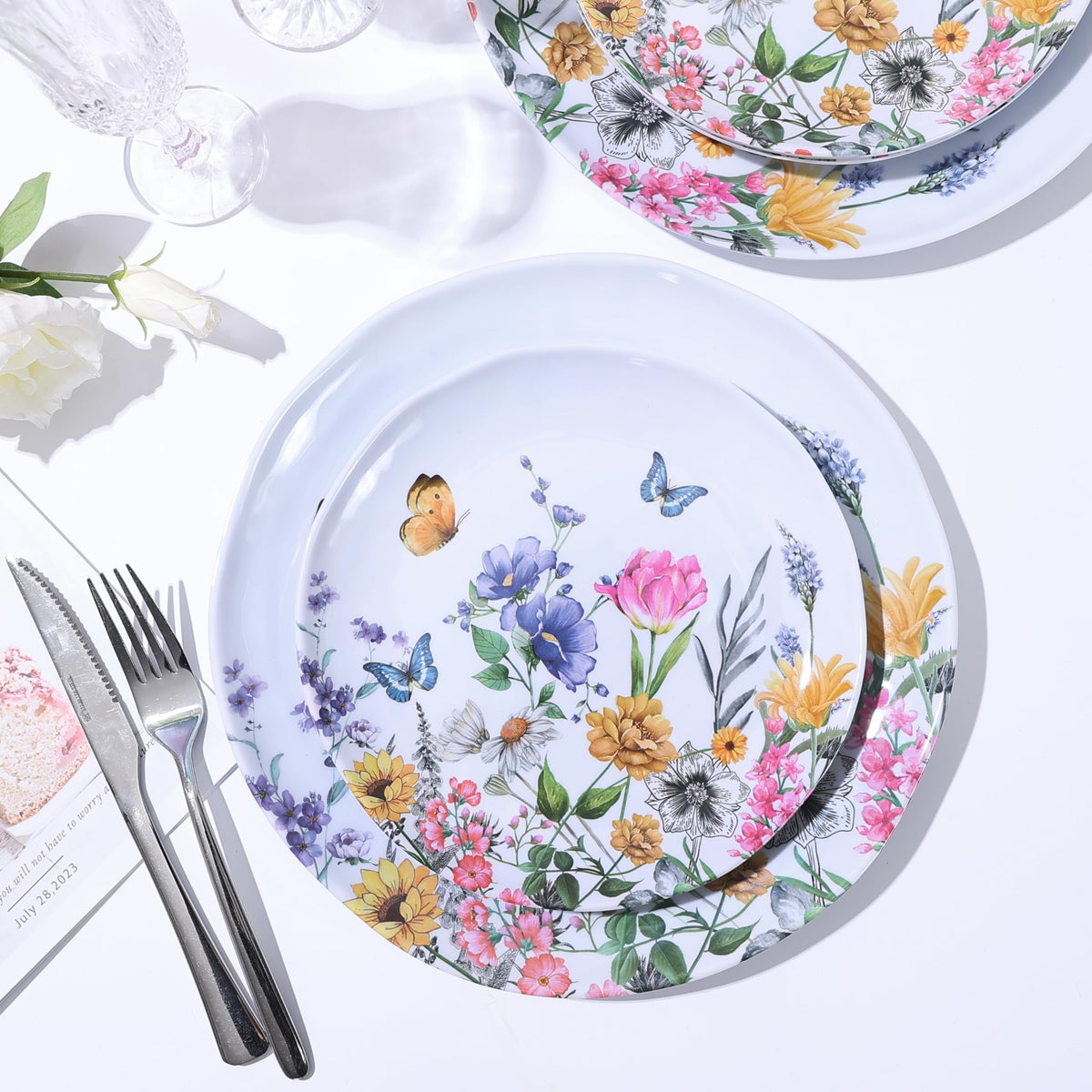 Lechoo 12 Piece Melamine Dinnerware Sets - Plates And Bowls Sets Floral Dinnerware Sets- Spring Camping Dishs Indoor Outdoor Use,Flowers And Butterflies Pattern
