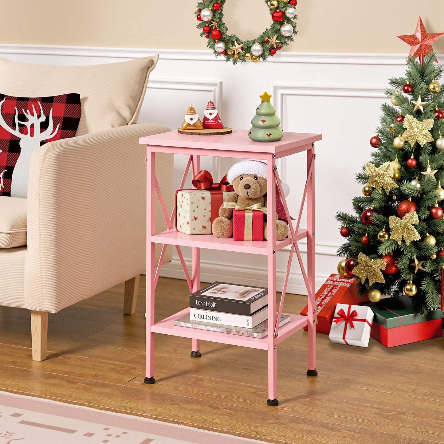 VECELO End Table Set of 2, Bedside Table, 24" Tall Living Room End Tables, X-Design Reinforced Nightstands, Side Table with 3-Tier Storage Shelves for Small Spaces, Office, Bedroom, Pink