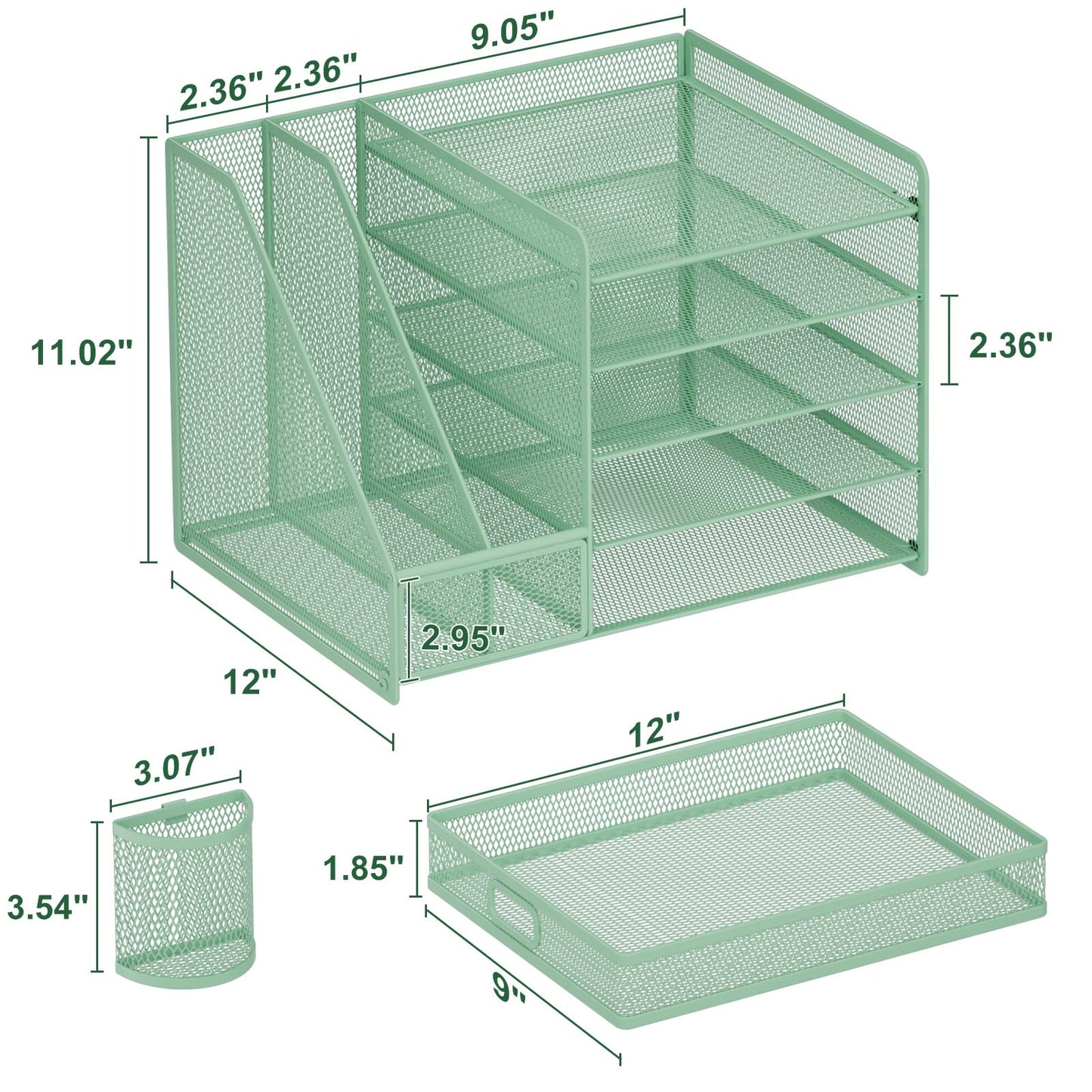 Marbrasse Desk Organizer with File Holder, 5-Tier Paper Letter Tray Organizer with Drawer and 2 Pen Holder, Mesh Desktop Organizer and Storage with Magazine Holder for Office Supplies (Green)