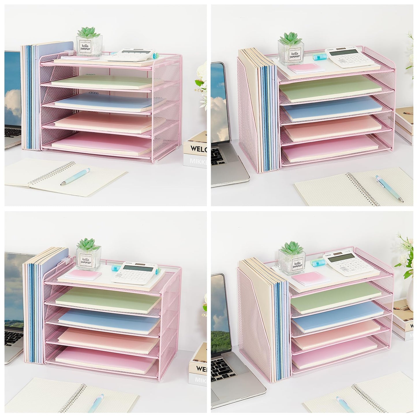 OPNICE Desk Organizer, 5-Tier Paper Organizer Letter Tray with Magazine Holder, Office Desk Accessories & Workspace Organizers, Desktop File Organizer for Office Supplies Storage, Pink