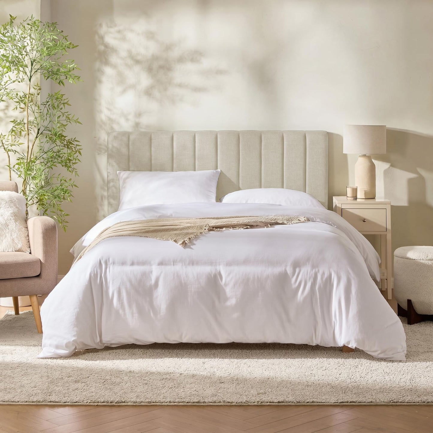 Hearth & Harbor Upholstered Queen Headboard - Easy Assemble Channel Stitched Headboard Queen Size - Wall Mounted Headboards with 3D Soundproof Wall Panels Peel & Stick Floating Headboards, Linen