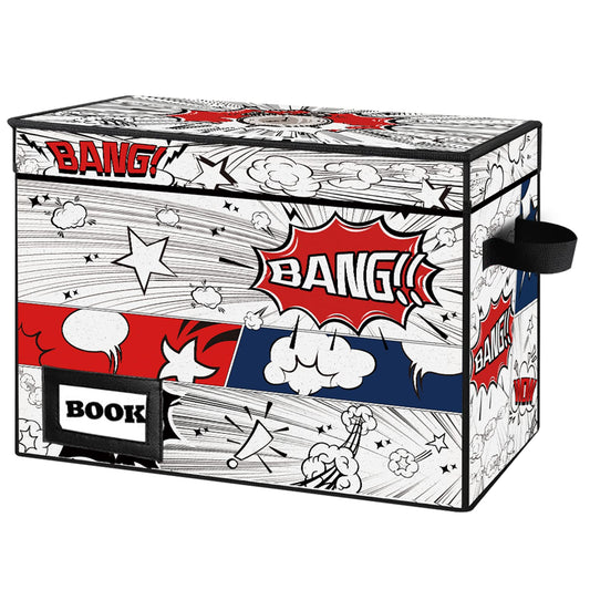 YNSZAS Comic Book Storage Box, 15.8" X 7.8" X 11.8", Heavy Duty Collapsible Holds 160-180 Comic Book Bin Container Holder Shelf (Cartoon Clock)