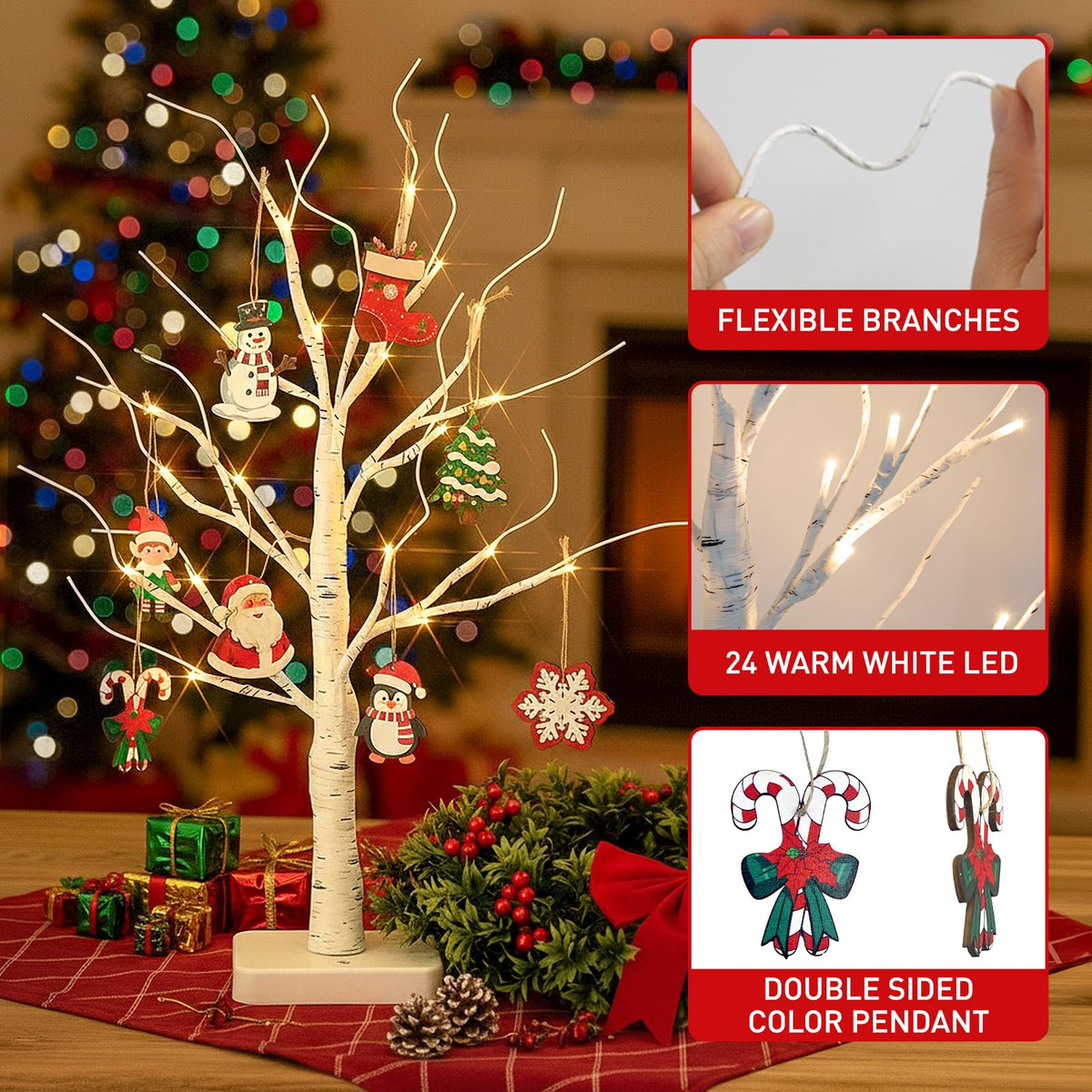 EAMBRITE Lighted Birch Tree with Christmas Ornaments, 2 Pack Small Christmas Trees with Led Lights, White Twinkling Tree Decorations Tabletop Centerpieces for Home Table Bedroom Indoor Decor (22inch)
