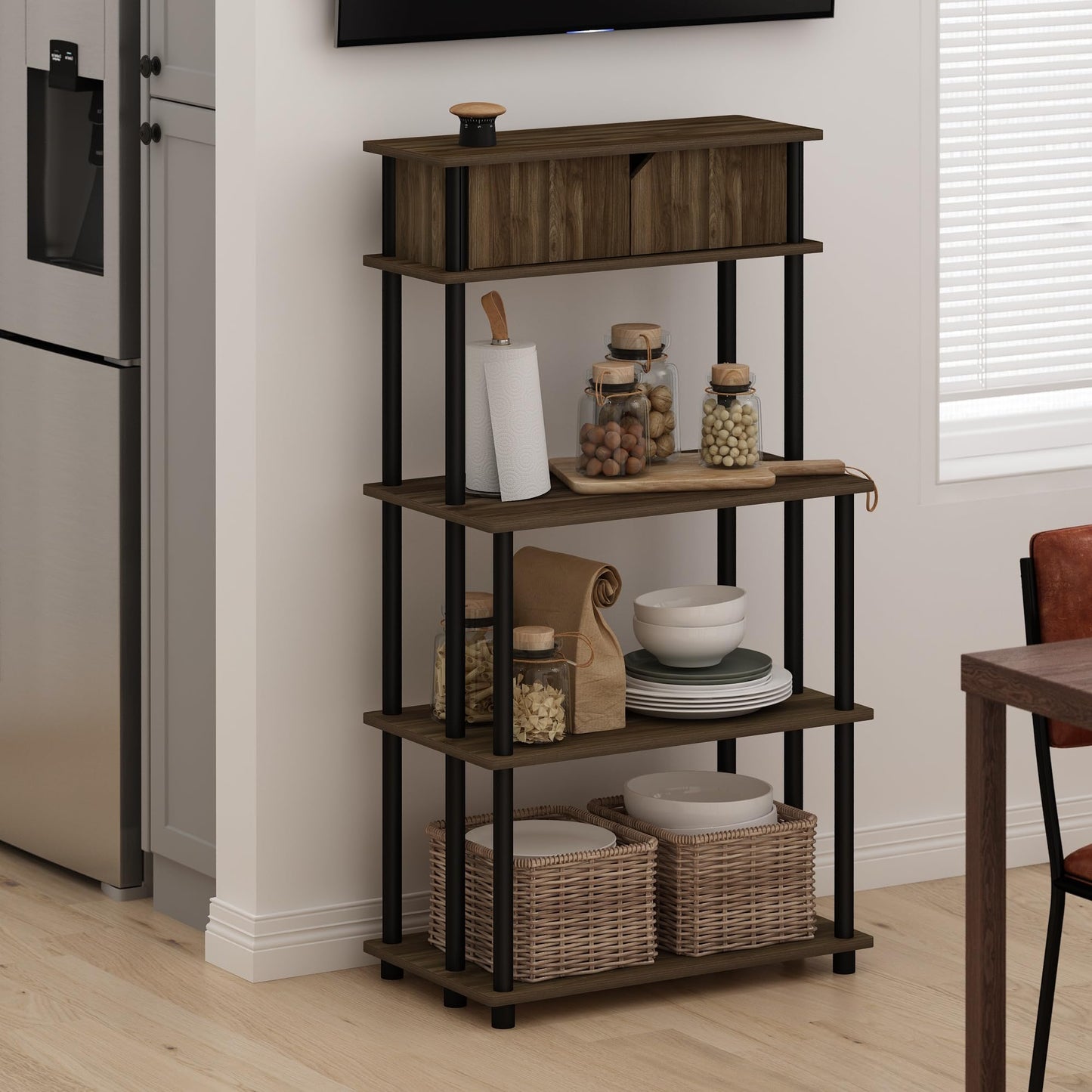 Furinno Turn-N-Tube Kitchen Storage Shelf with Top Cabinet for Kitchen, Dining Room and Home Office, Columbia Walnut/Black