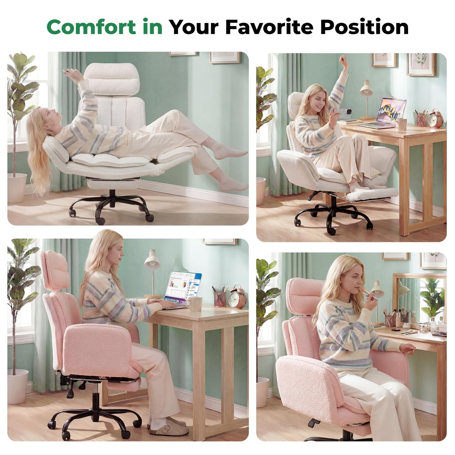 HOMRELEXA Criss Cross Office Chair with Armrests & Wheels, Comfy Velvet Vanity Chair, Ergonomic Executive Gaming Computer Chairs with Foot Rest, Wide Seat Reclining Desk Chair, White