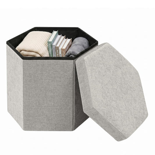 ZOLANOful Hexagon Storage Ottoman, Foldable Chenille FootRest with Hidden Storage, Small Ottoman Footstool for Living Room, Bedroom, Dorm, Entryway, 15 x 16.9 x 15 Inches, White