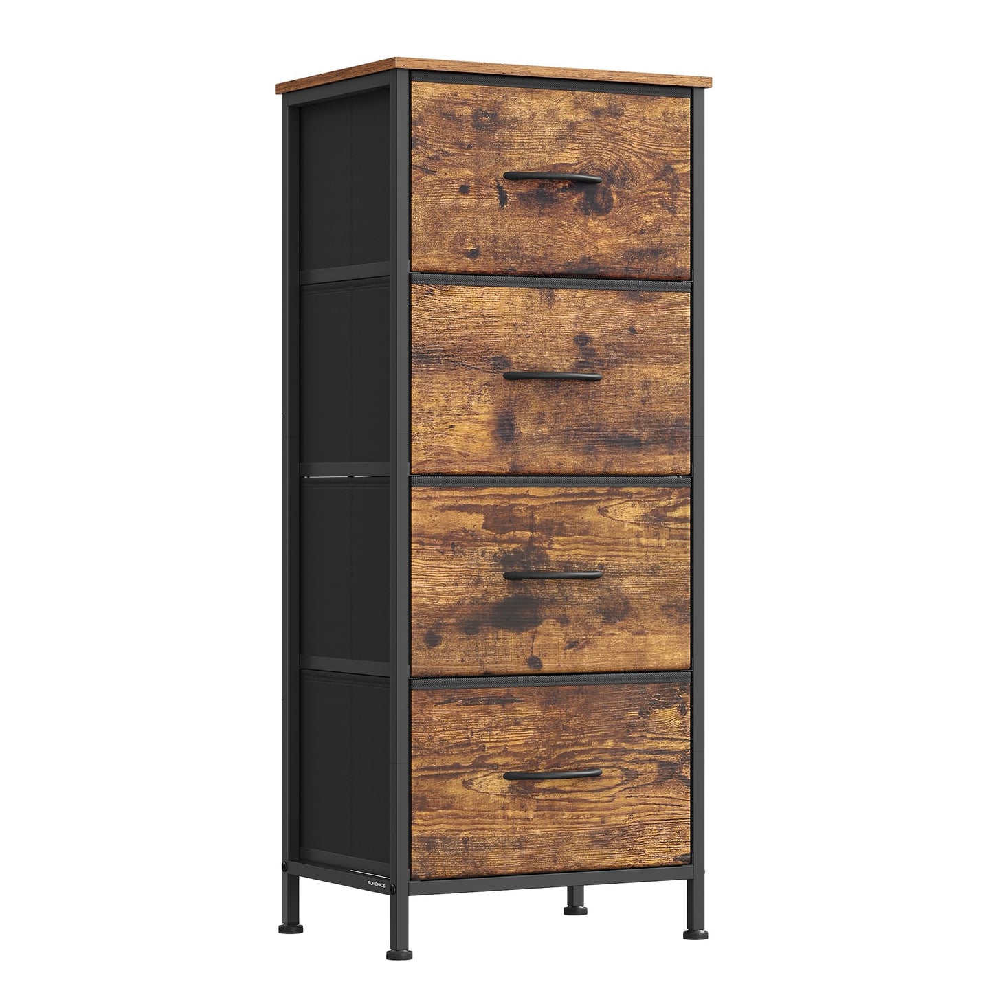 SONGMICS Dresser for Bedroom, Chest of Drawers, Steel, MDF, 4 Non-Woven Fabric Drawers, Storage Organizer Unit, Closet, Entryway, Rustic Brown and Ink Black ULGS314B02S