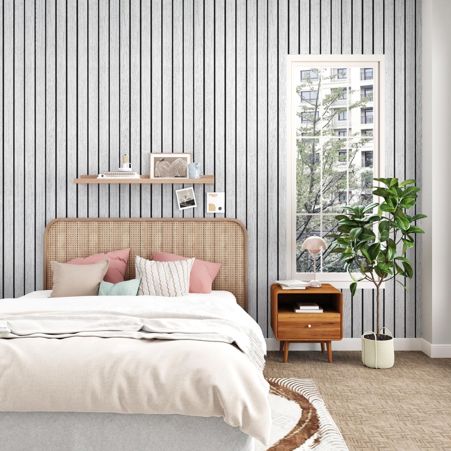 STICKEEP White/Grey Wood Slat Panels for Interior Wall Decor Self Adhesive Textured 3D Walls Paneling Soundproof Peel and Stick Wooden Slats Wall Panel for Bedroom Bathroom Living Room 118"x 23.6"