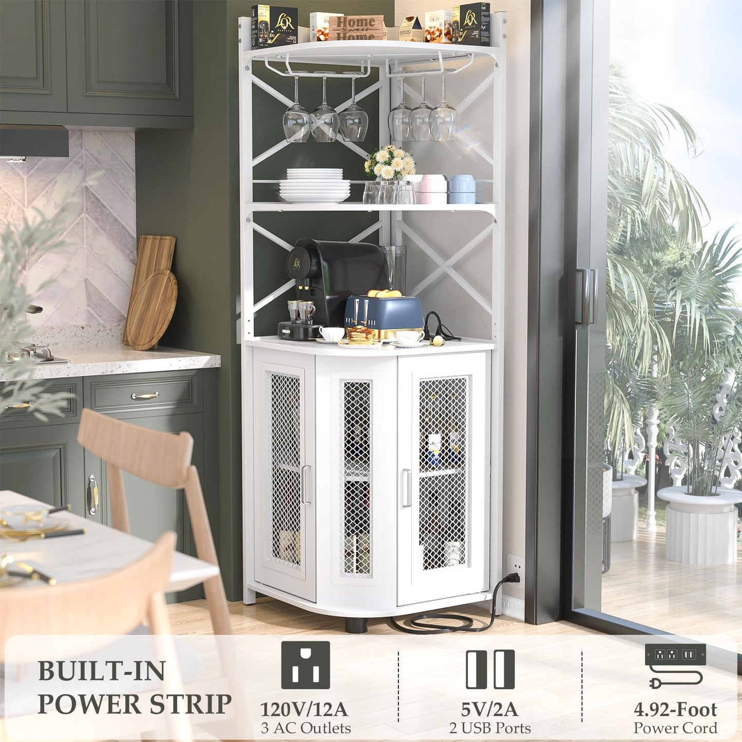 Aheaplus Corner Bar Cabinet with Power Outlet, Industrial Wine Cabinet with LED Strip and Glass Holder, 5-Tiers Liquor Cabinet Bar Unit for Home, Corner Display Cabinet for Small Space, White