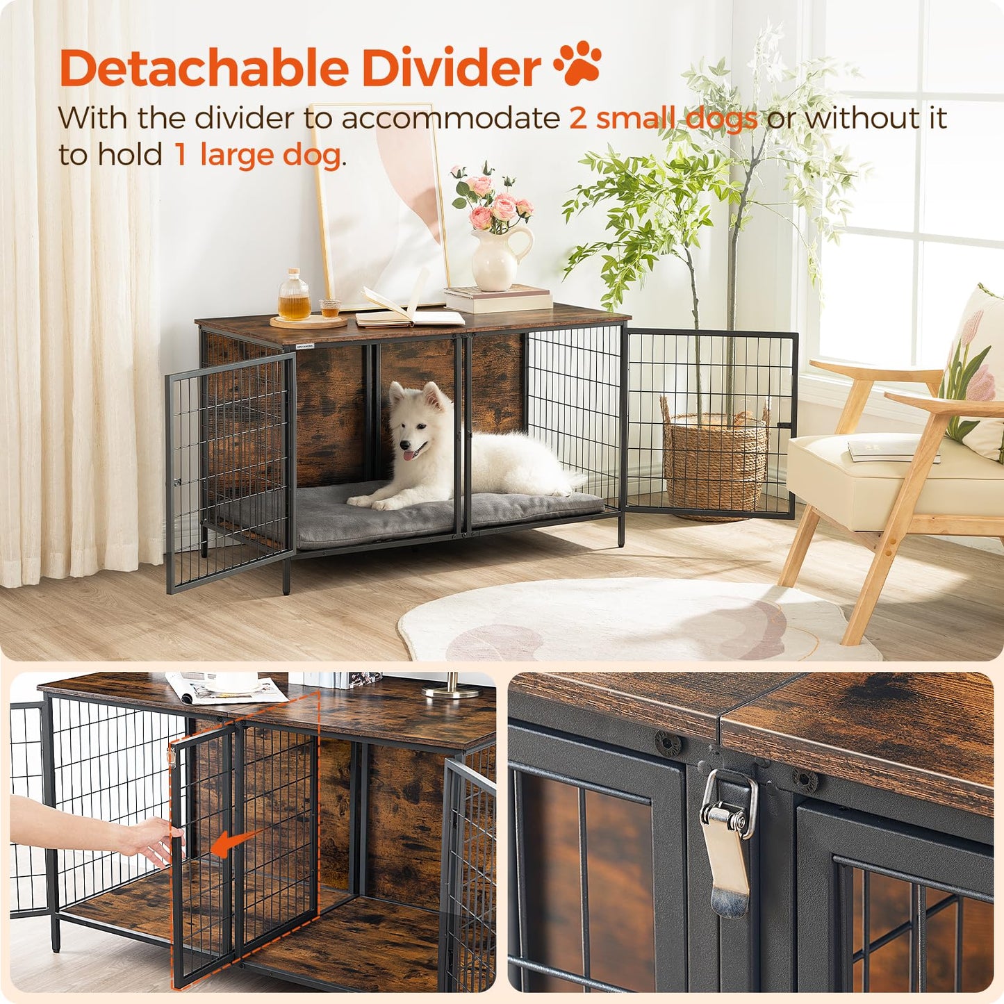 MAHANCRIS Dog Crate Furniture for 2 Dogs, 43.3" Dog Kennel with Removable Divider, Heavy Sturdy Dog Furniture Style Double Cage for Small Medium Dog, Indoor Pet House End Table, Rustic Brown DCHR1201